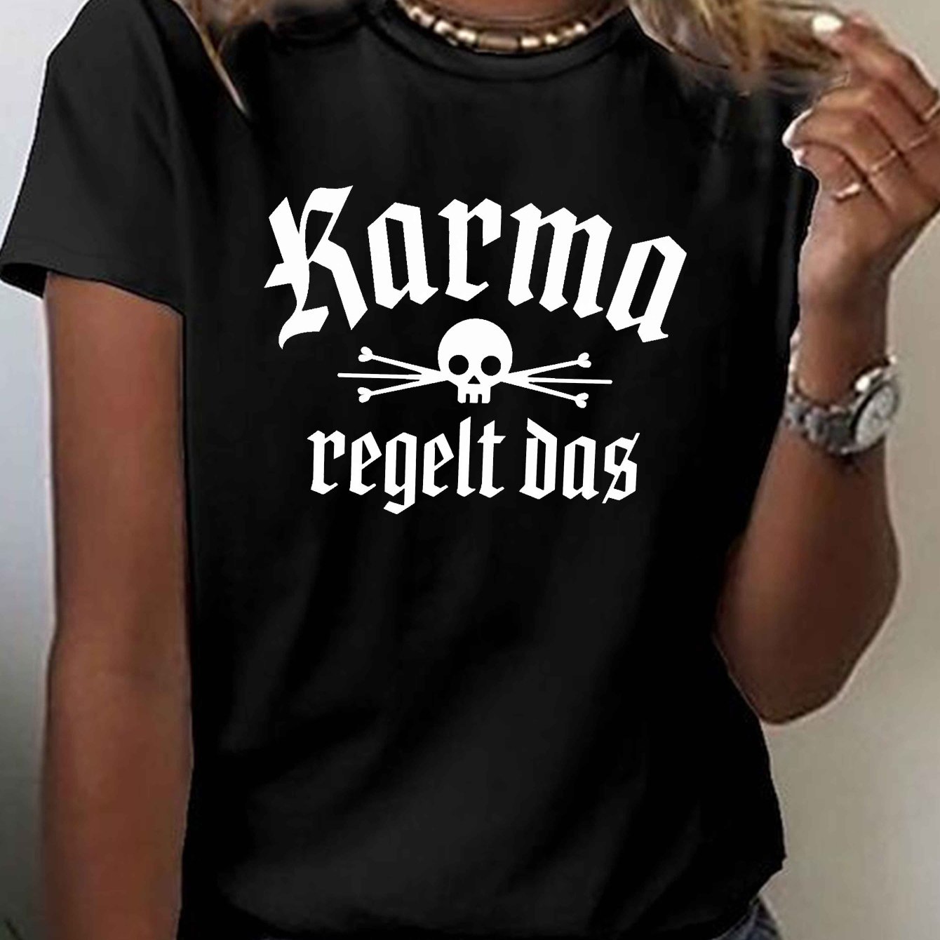 Image of For Karma Takes Care Of T-shirt, Short Sleeve Crew Neck Casual Top For Summer & Spring, Women's Clothing