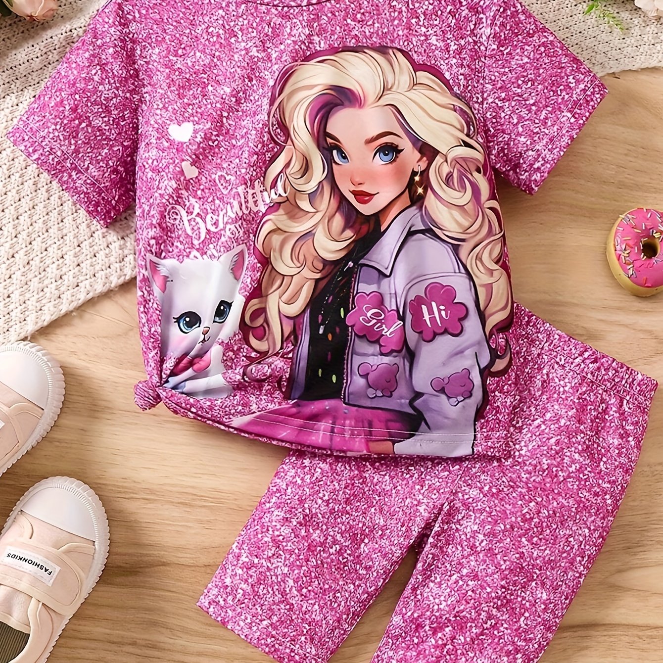 Image of Young Girl Cat And Girl Print Short-sleeved T-shirt And Shorts Set, Outerwear, For Outdoor
