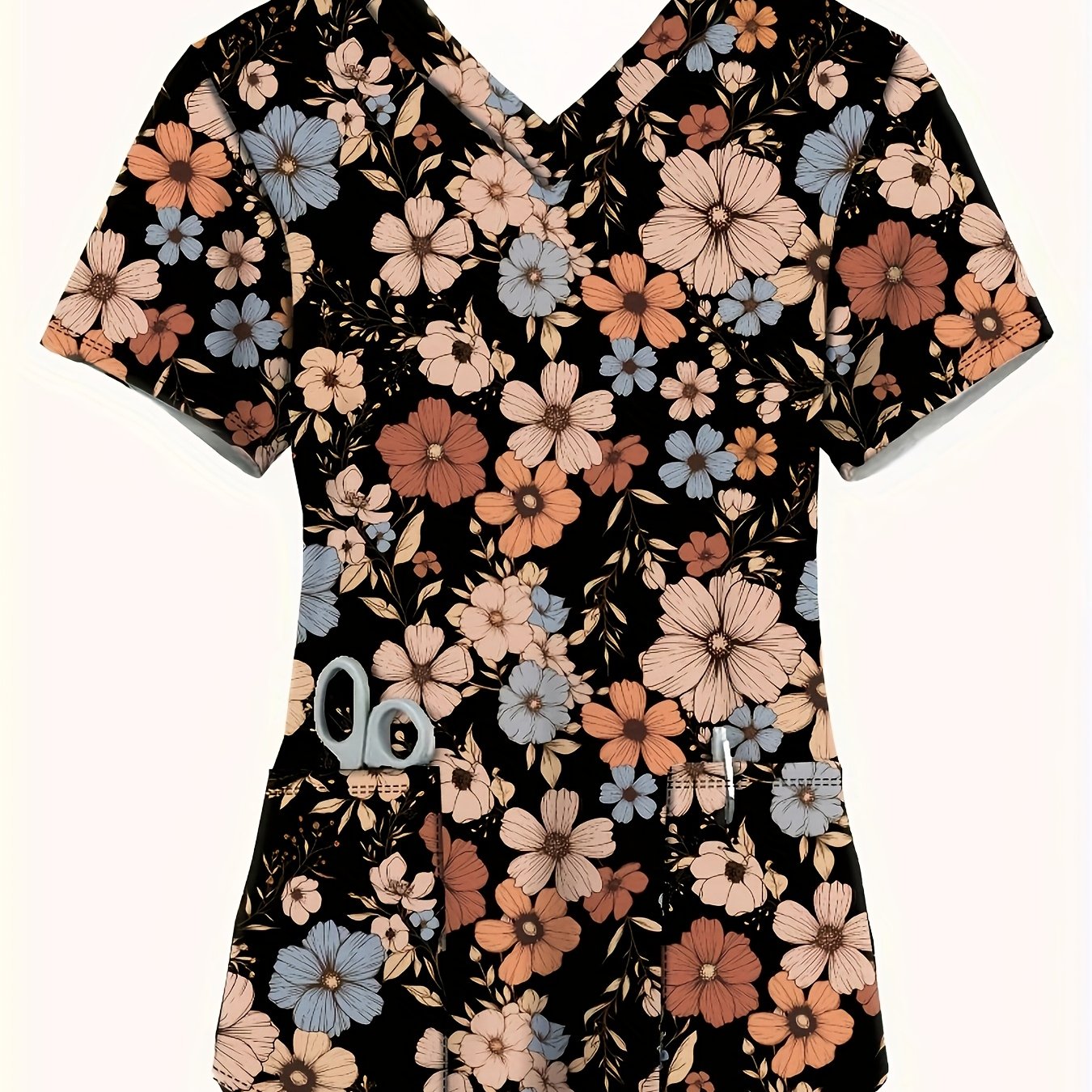 TEMU Plus Size - Women's Casual V-neck Short Sleeve Top - Black Floral Print With Pockets, Breathable And Machine Washable Spring/ Wear And Daily
