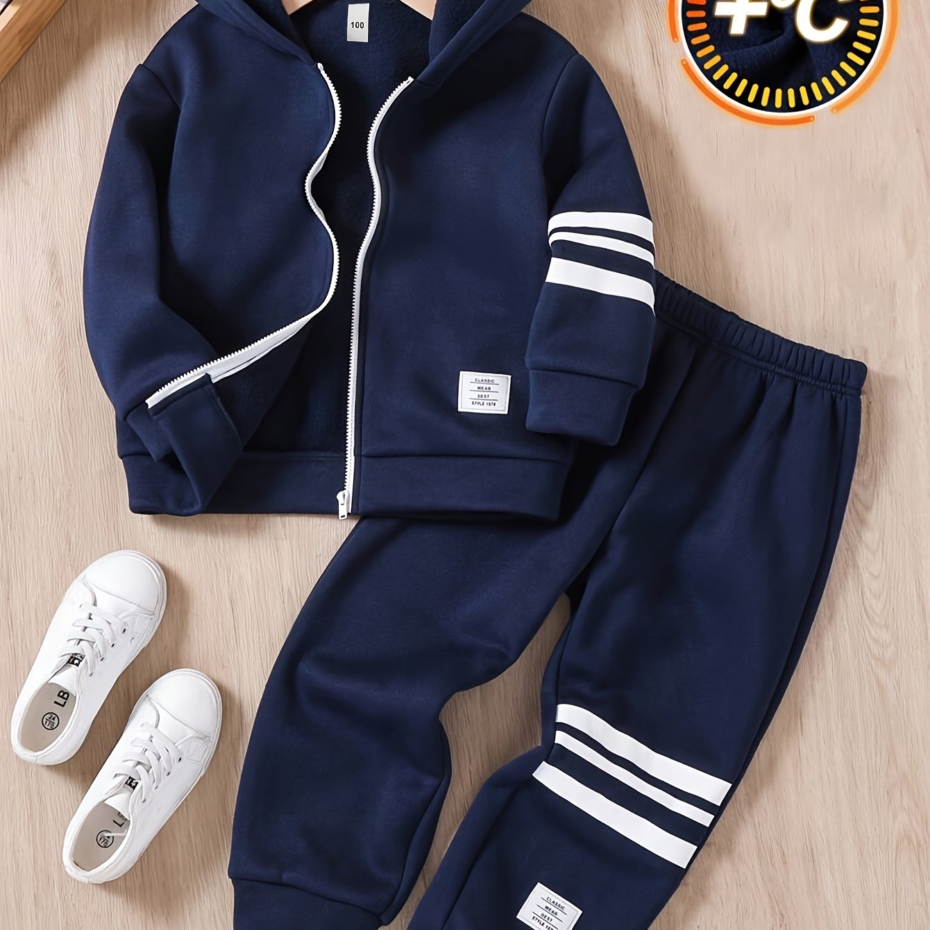 TEMU Completo ed Elegante /Inverno per Ragazzo, Giacca con Cappuccio e Zip Abbinata a Pantaloni Jogger Casual, Stampa a Righe Bianche e Decorazione