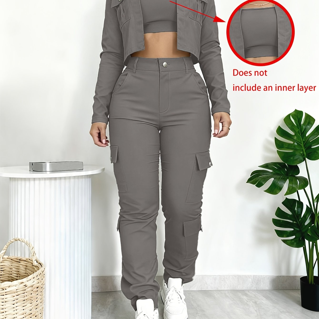 TEMU Women's Versatile 2pcs Set Featuring A Slim-fit V-neck Cropped Shirt And American-style Wide-leg Pants With Multiple Pockets, Sold Without An