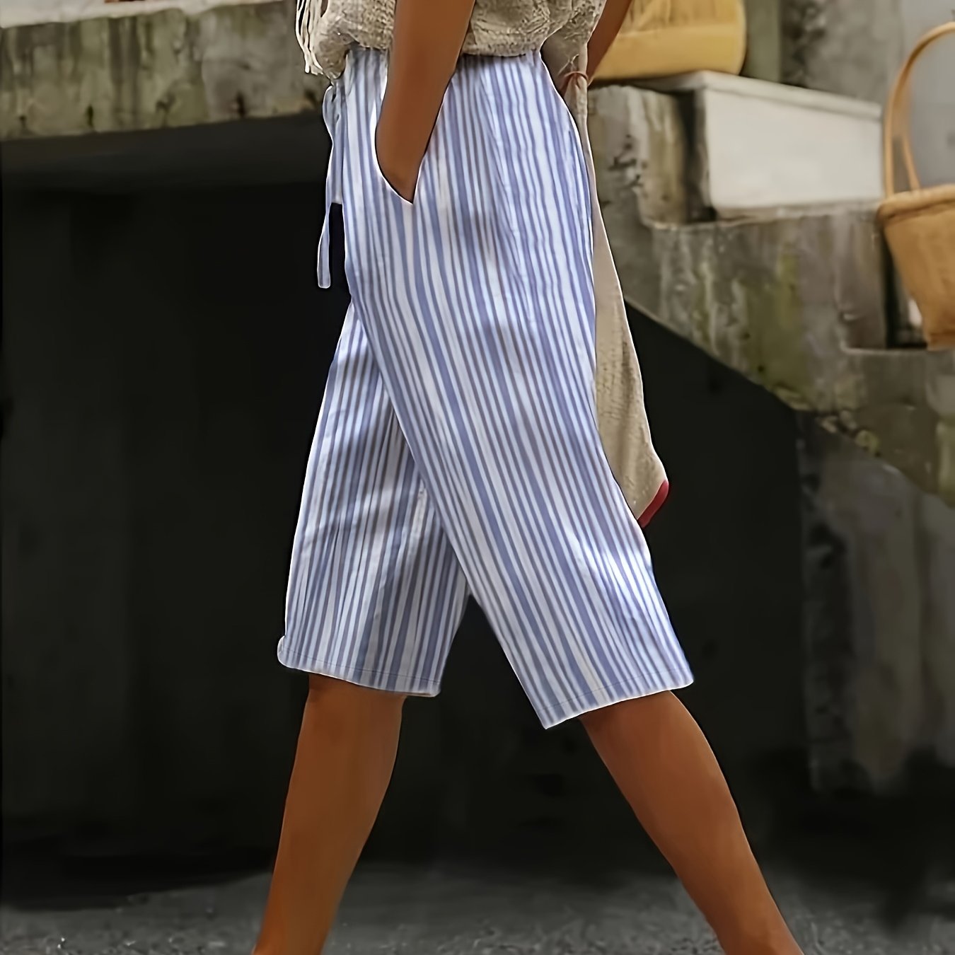 TEMU Plus Size - Plus Size - Summer Striped Print Mid-shorts, Drawstring Elastic Waist, With Pockets, Machine Washable - Stylish Beach Style Women's