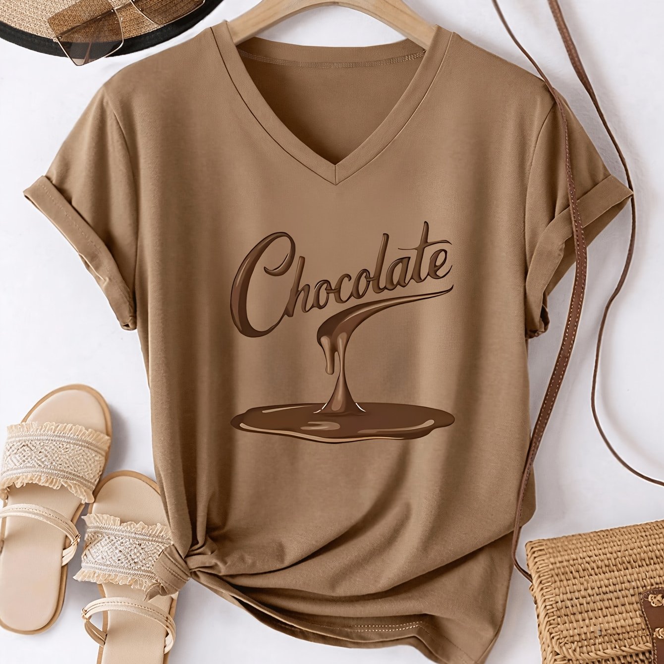 TEMU Chocolate Patterned Printed T-shirt - A Casual Short-sleeve Top For Women, Featuring A V-neck Design, Made From Soft Fabric, Wear And Summer,