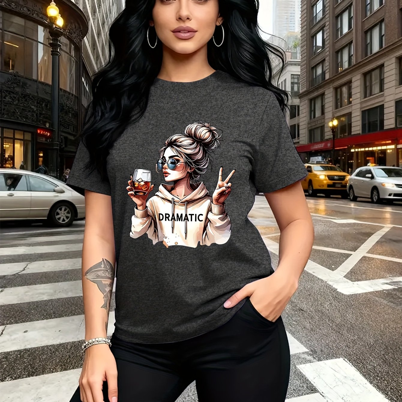 TEMU Street-style Print Featuring A Woman With A Bun Hairstyle And Fashion Glasses Holding A Red Wine Glass. Simple Round-neck Casual Versatile