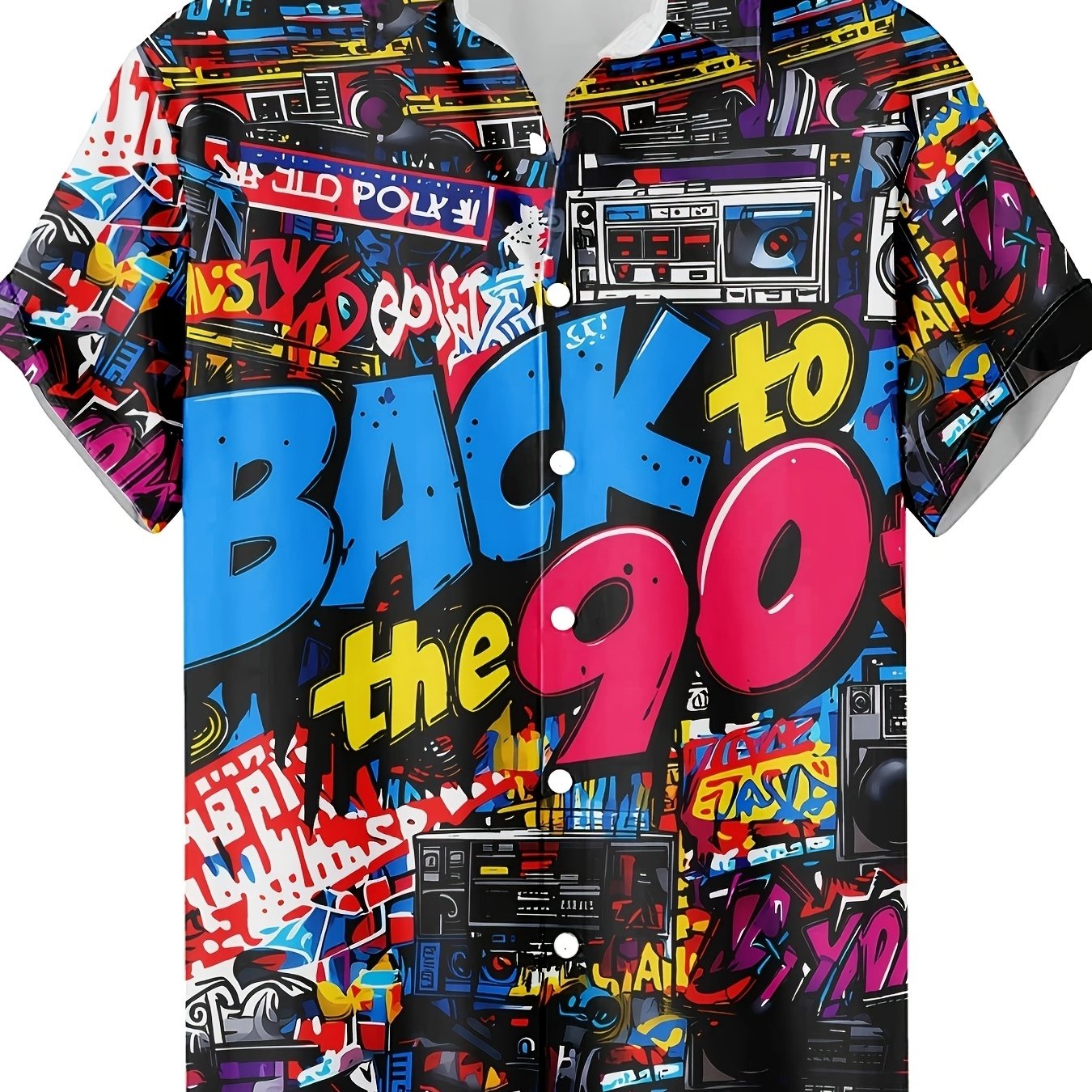 TEMU Retro 90s Themed Printed Shirt With Colorful Graffiti And Vintage Appliance Patterns, Perfect For Summer Vacations And Hawaiian Style