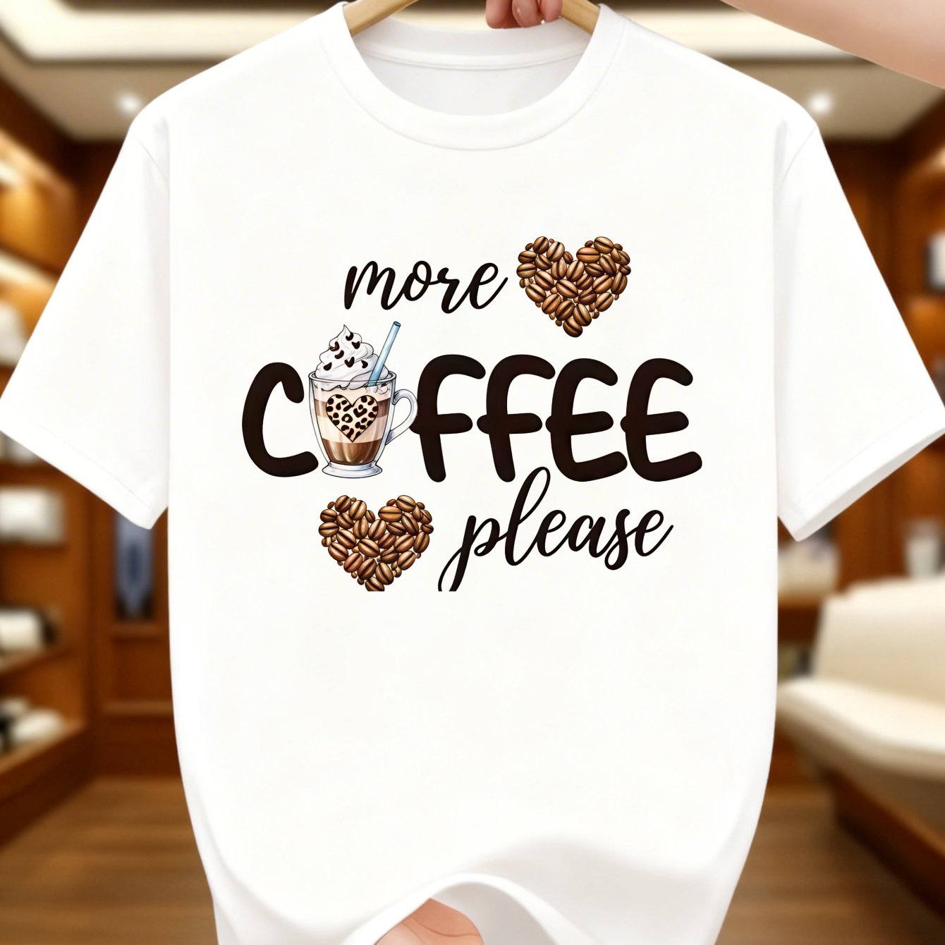 New T-shirt, Women's T-shirt With Coffee Cup And Coffee Bean Heart , "please " High-quality Washable Non-shrinking Non-deform Thick Premium T-shirt, Suitable For Spring And Autumn Daily Wear