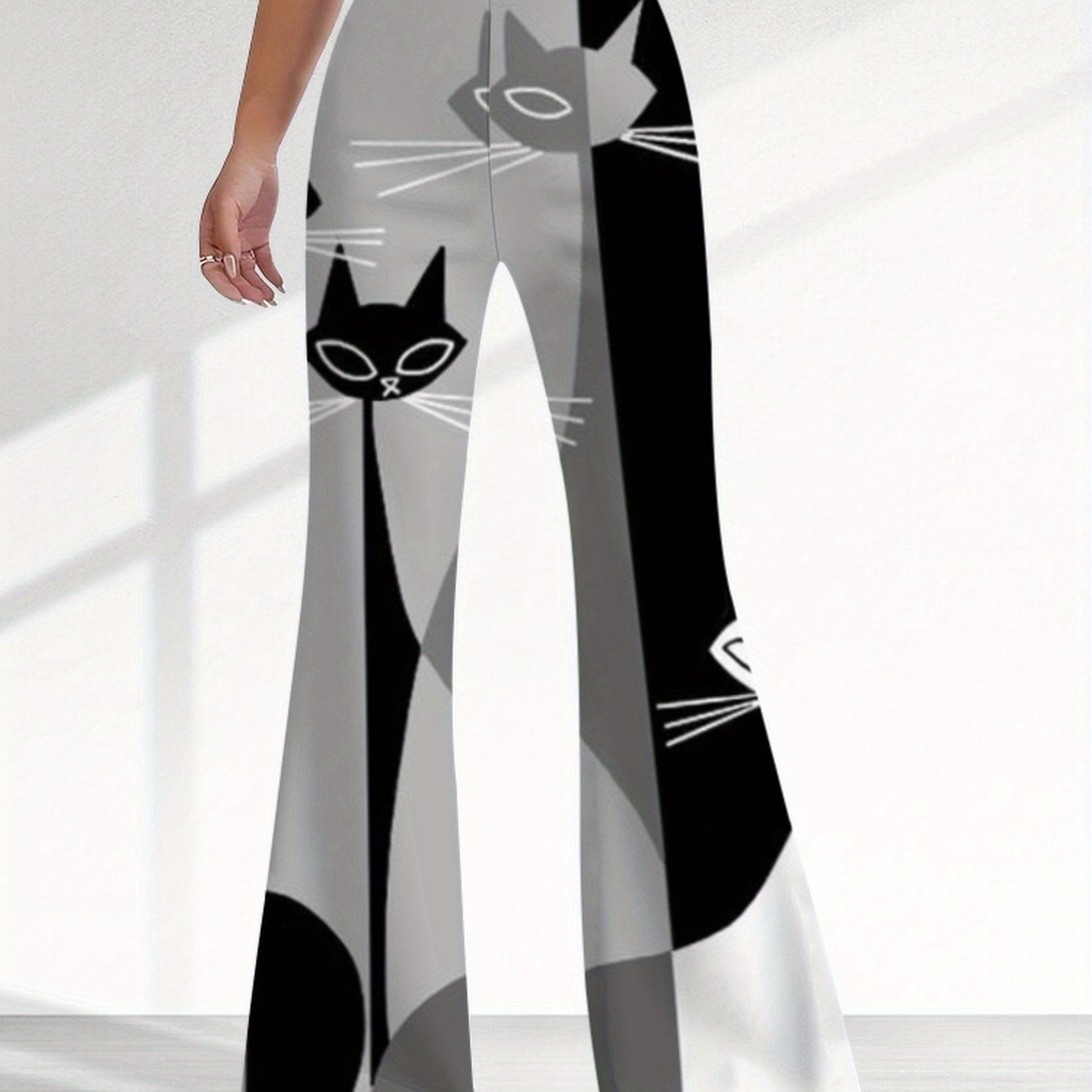 TEMU Color- Kitten, Elegant, With Bright And Vivid Patterns, Design-, Print Women's Long Pants, Casual, Fashionable, Sexy Flared Pants-748