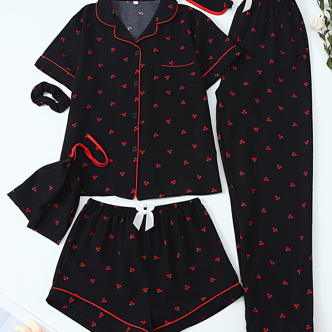 Image of Cherry Print Teen Short-sleeved Shorts Trousers Pajamas Six-piece Set, For Teenager, For Teenager