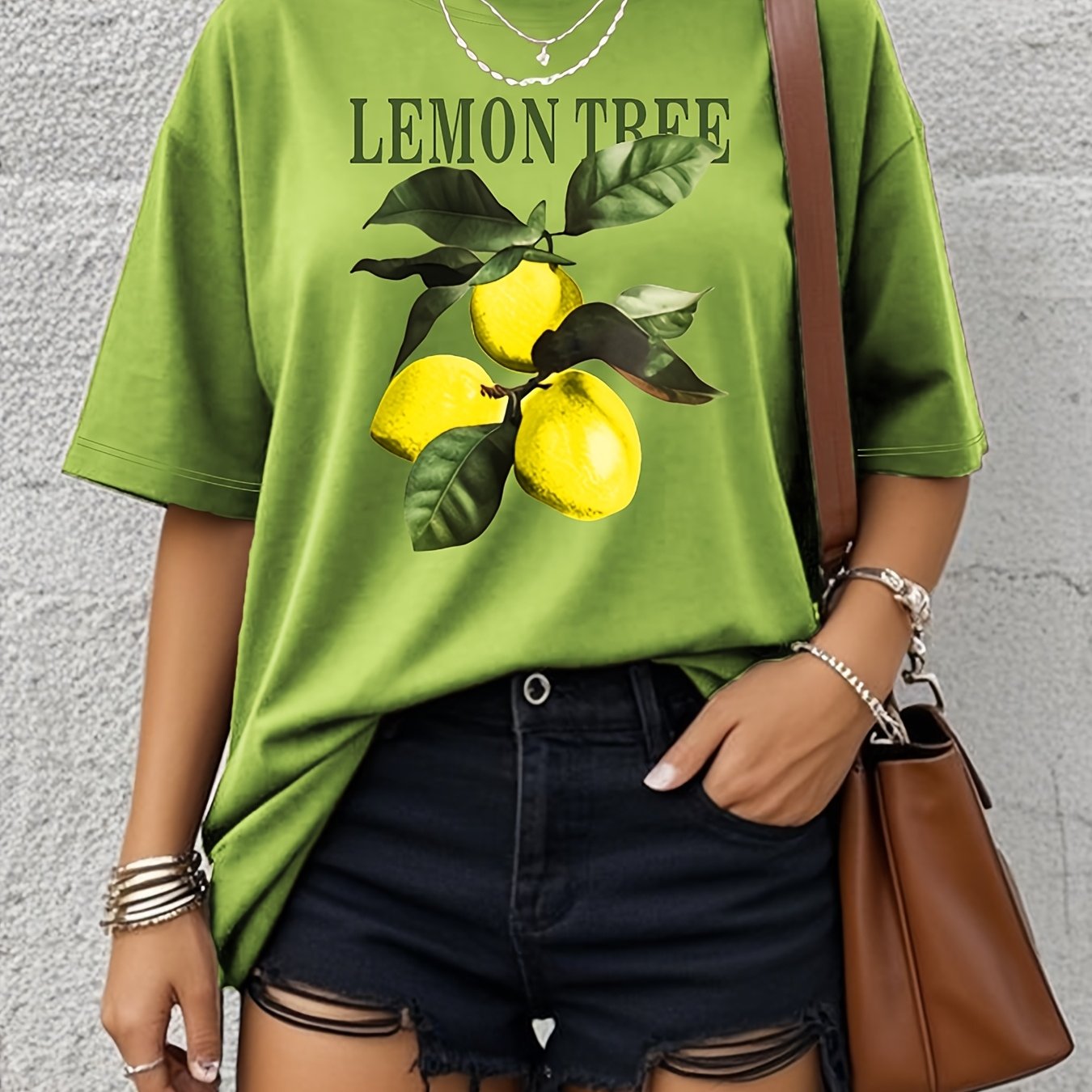 Image of Plus Size - Plus Size - Women's Plus Size Casual Wear, Street Fashion Brand, Vintage, , Lemon, Letter Print Short-sleeve T-shirt, Soft, Loose, And Comfortable Short-sleeve Tee