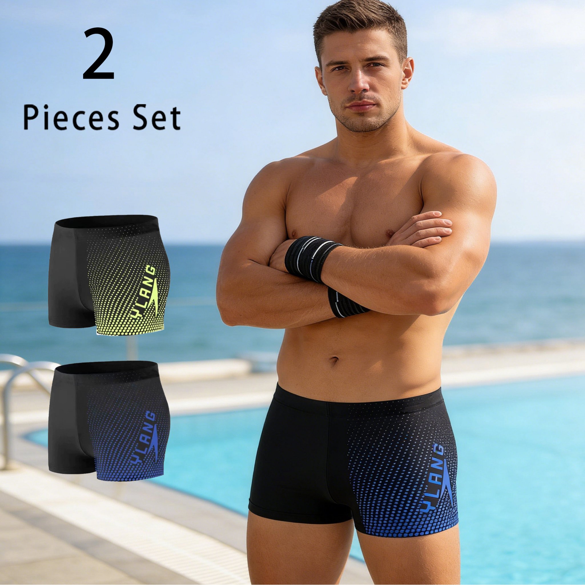 Image of Men's 2-pc Sports Swim Trunks, Quick-dry, Breathable, Lightweight, Flexible, , Suitable For Training, Swimming Pool, Surfing, Travel, And Vacation, Plus Size