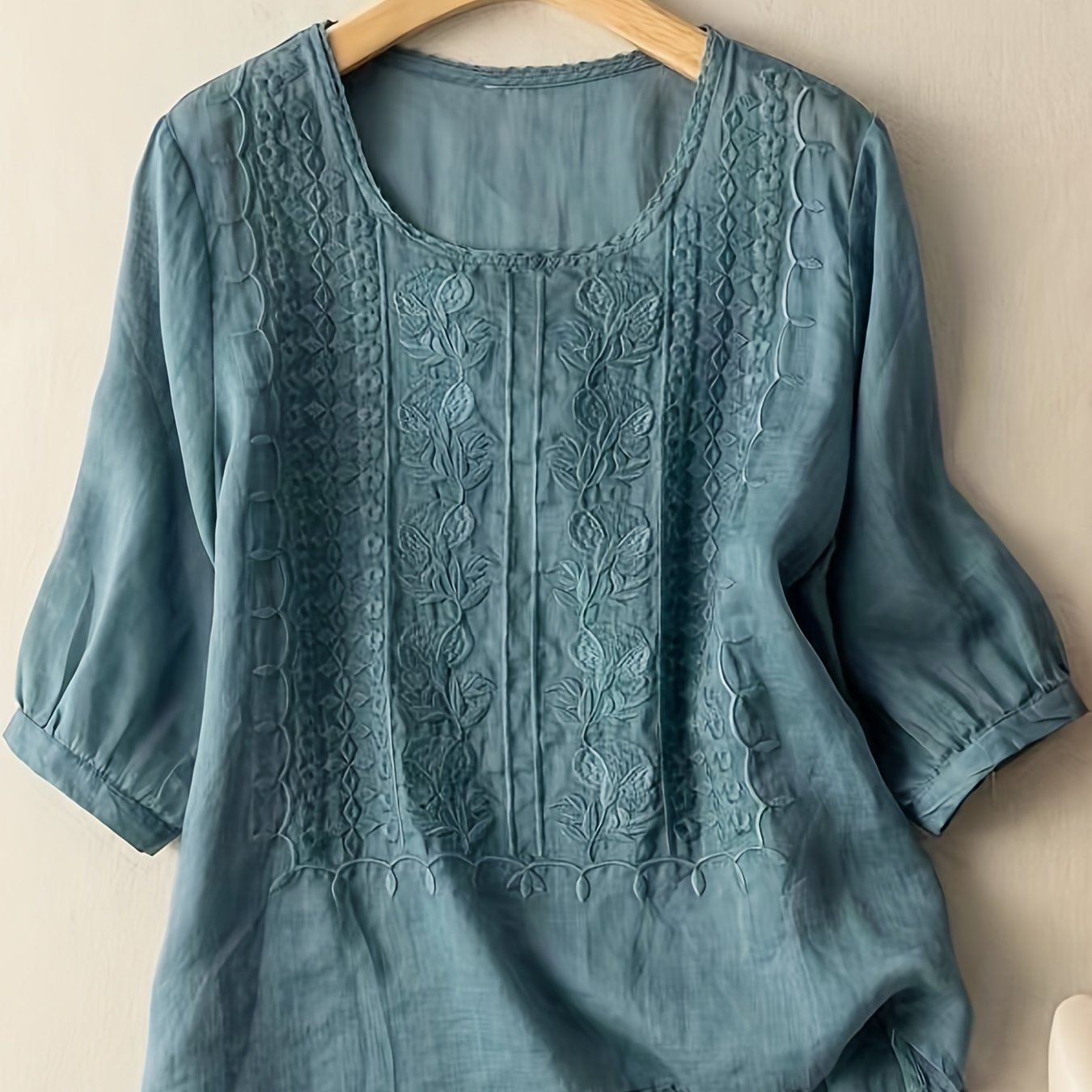 TEMU Plus Size, Medium-sleeved Blouse Female Embroidery Loose Literary T-shirt Summer Thin Section Clothing Loose Female