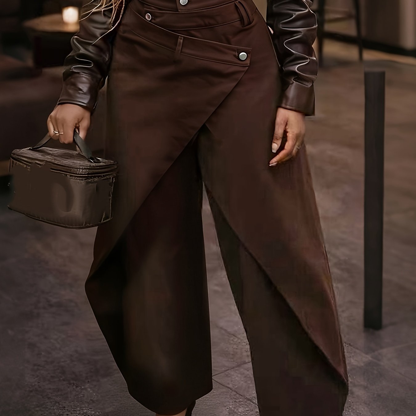 Image of American-style Women's Vintage Hot Irregular Wide-leg Pants, High-waist With Metal For A Effect, Drapey Long Pants, Street , Comfortable, Soft, And Durable Fabric, Versatile For Outdoor Casual Wear