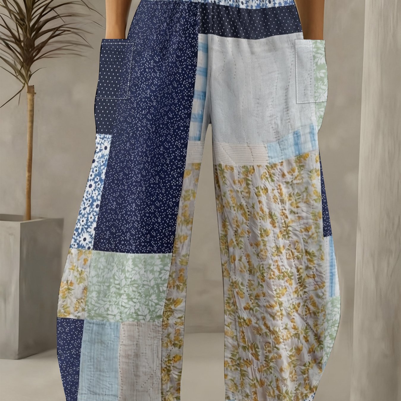 TEMU Plus Size - Plus Size - Plus-size Women's Vintage Loose Casual Long Pants, Featuring Prints, Made From Soft Fabric, With A Comfortable Elastic
