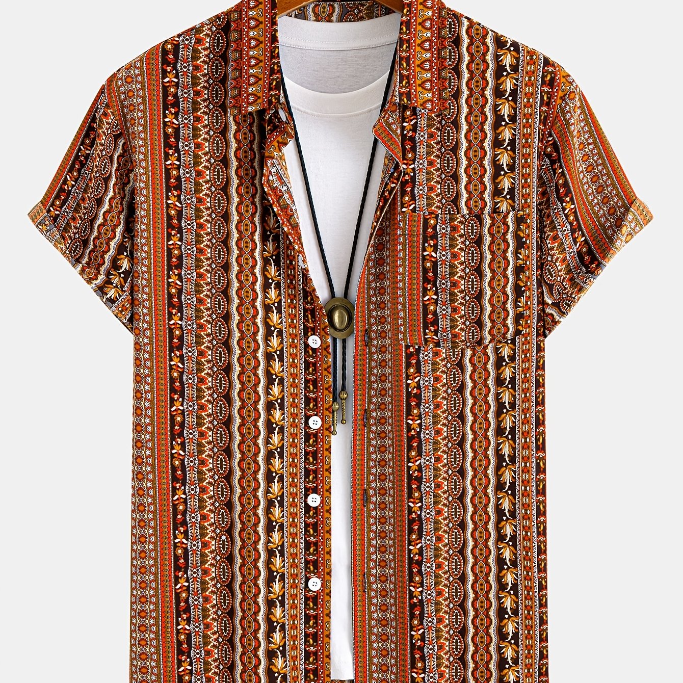 TEMU Men's Casual Vintage Bohemian Print Button- Shirt, Colorful Patterned Shirt With Pockets, Men's Casual Collar Wrinkle-resistant Top