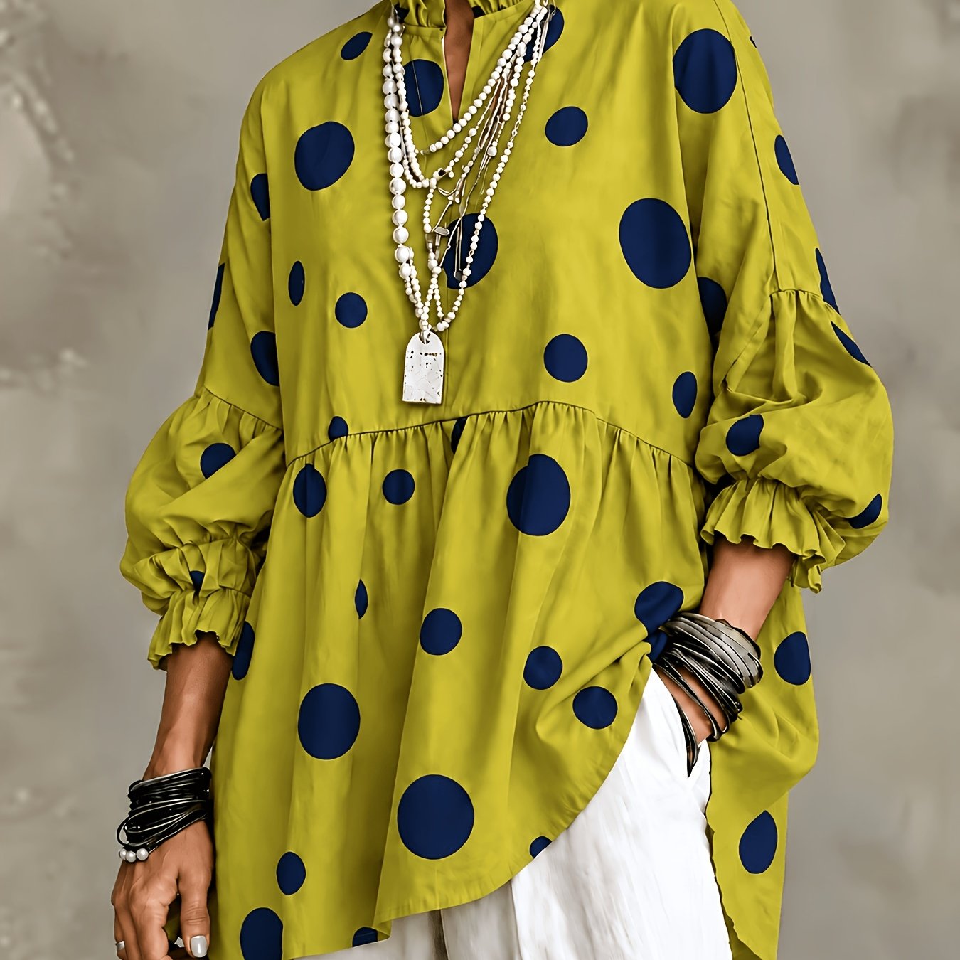 TEMU Plus Size, Plus Size Women's Midi Shirt, Boho Style Olive Polka Dot Blouse With Floral Pattern (accessories Not Included)
