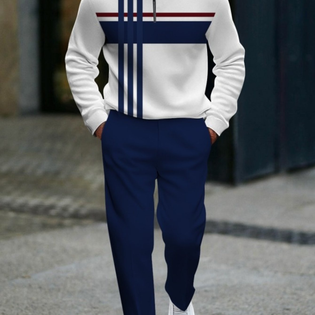 E-shop Slim Fit Street Block Streifenmuster Halb-Reißverschluss 2-teiliges Sweatshirt- und Hosen-Set Herrenmode Lässig Trendy Erwachsene Herren