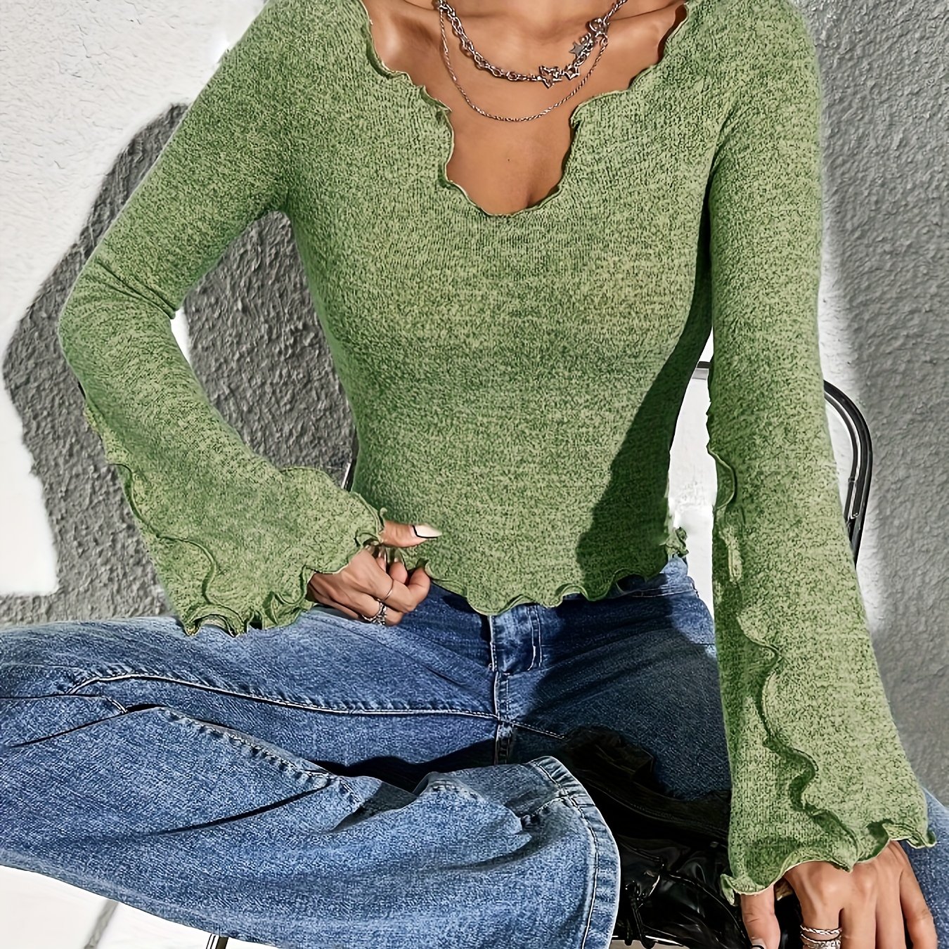 TEMU Women's Lettuce Trim Neckline Long-sleeve T-shirt