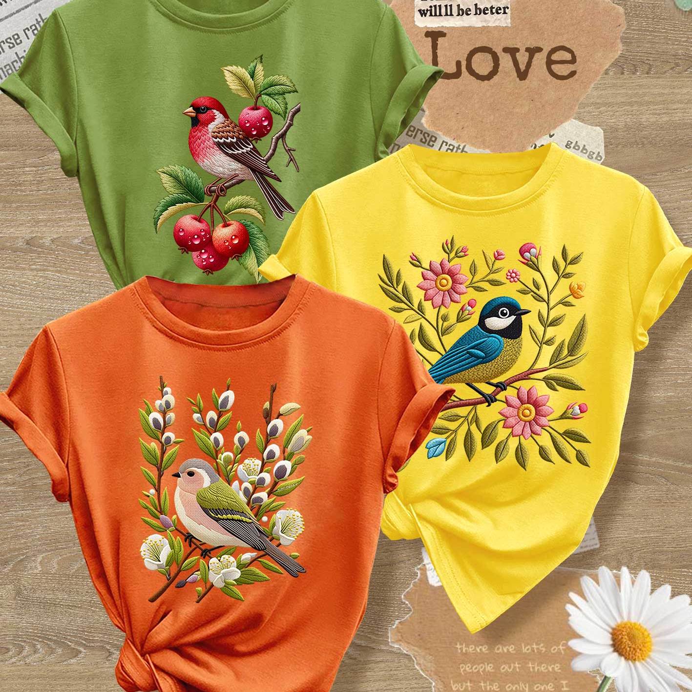 TEMU New Summer Women's T-shirt, 3pcs Set For , And Bird Flat Print, Elegant Vintage Style For Spring, Summer, And Autumn, Loose Fit, Versatile For
