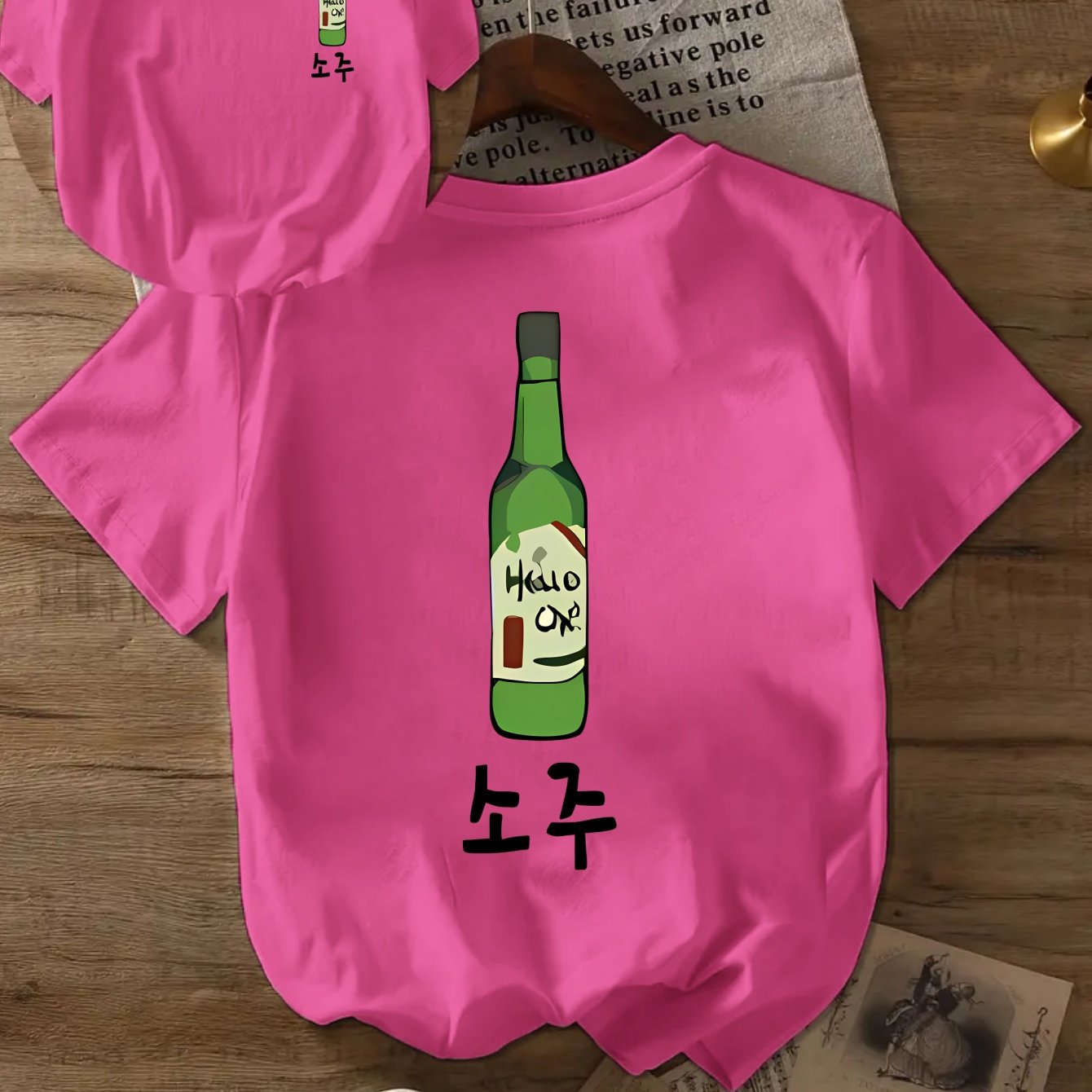 TEMU 소주 병 양면 프린트가 있는 패셔너블한 반팔 티셔츠, 여성용 캐주얼 라운드넥 티