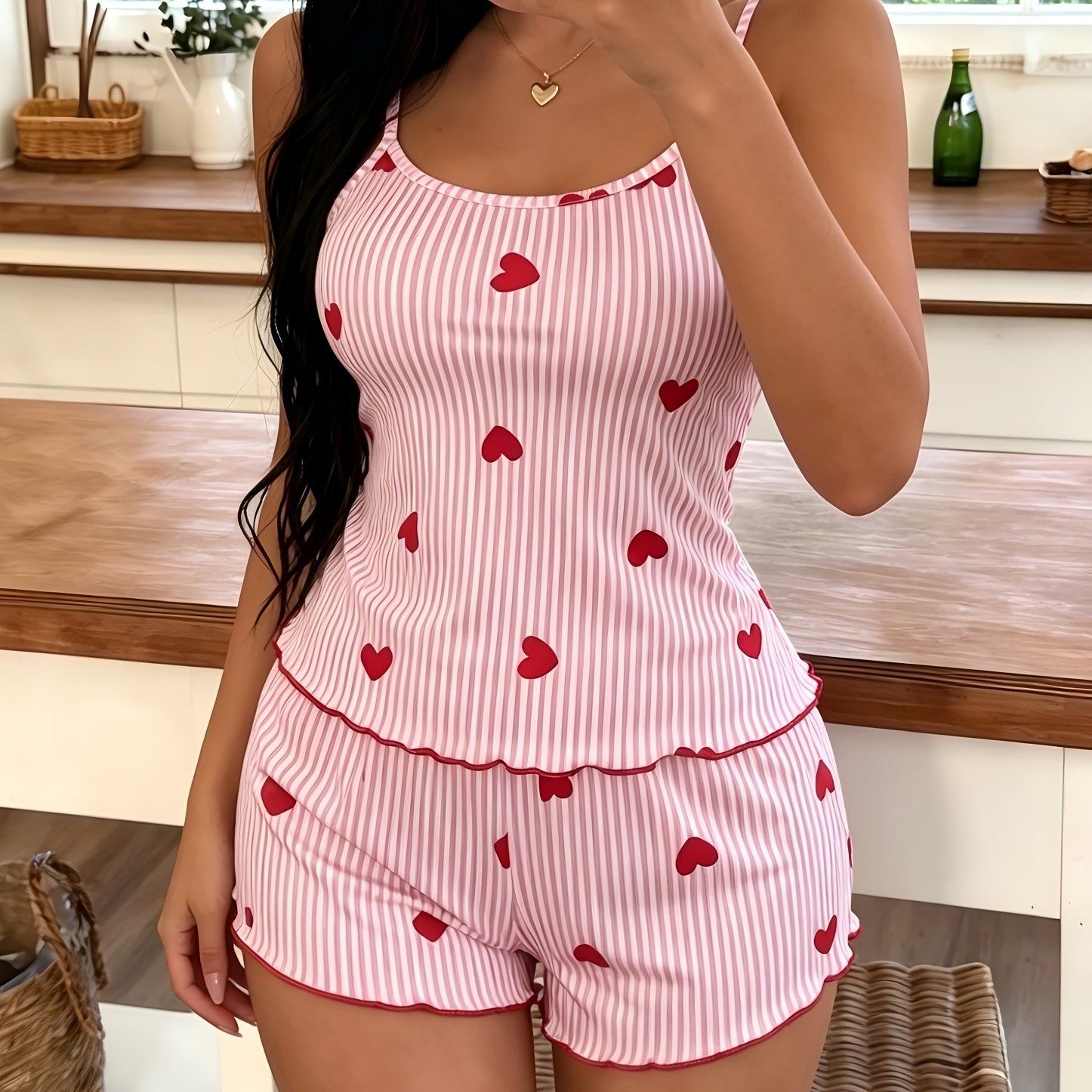 Women's Pink Striped Camisole And Shorts Pajama Set With Red Heart Accents, Thin Straps, Sleeveless, Pajamas