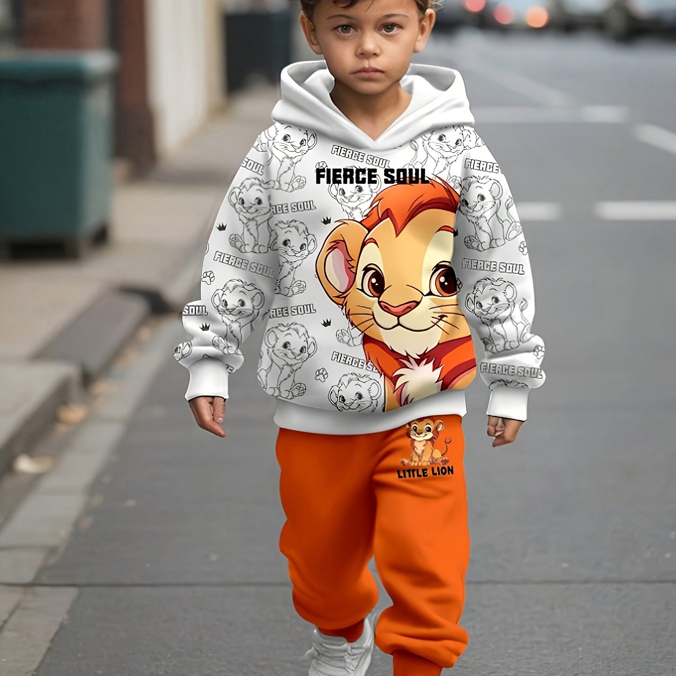 Image of European And American Baby Boys' Autumn And Winter Small Lion Print Hooded Sweatshirt+small Lion Print Sweatpants Two-piece Set, For Outdoor