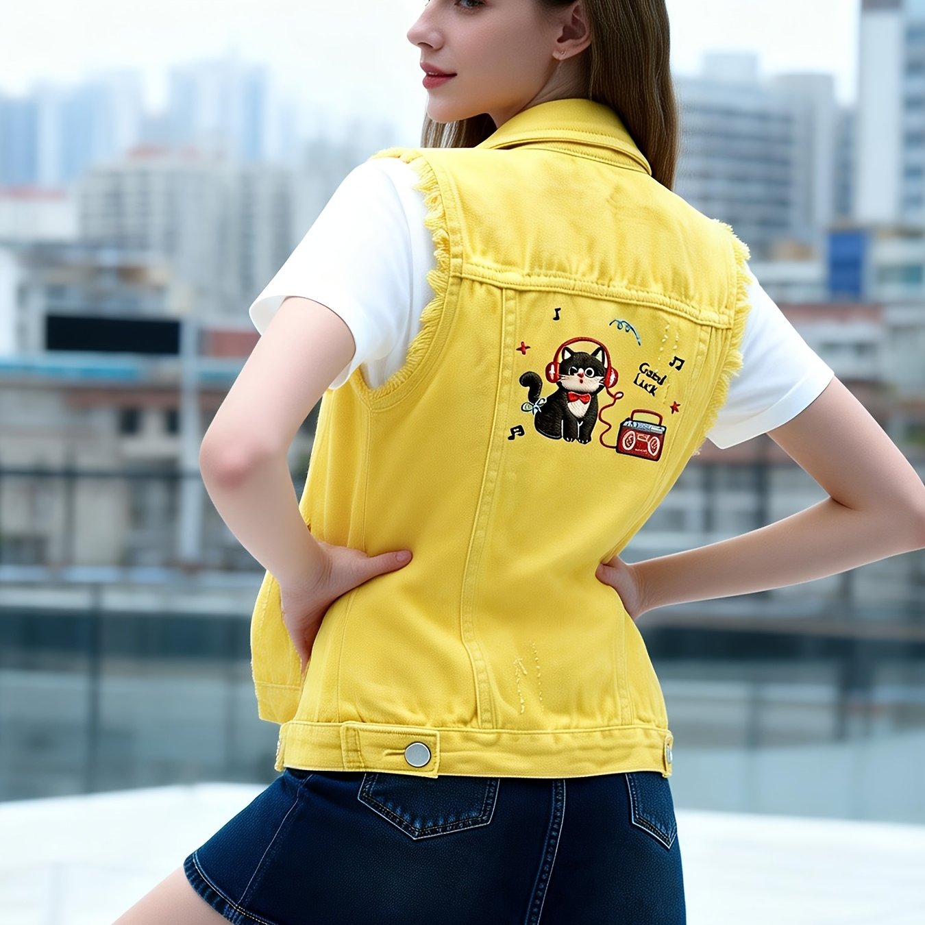 Image of Women's Cute Cat Embroidered Distressed Denim Vest Solid Tone Fringe Edge Sleeveless Casual Jean Jacket