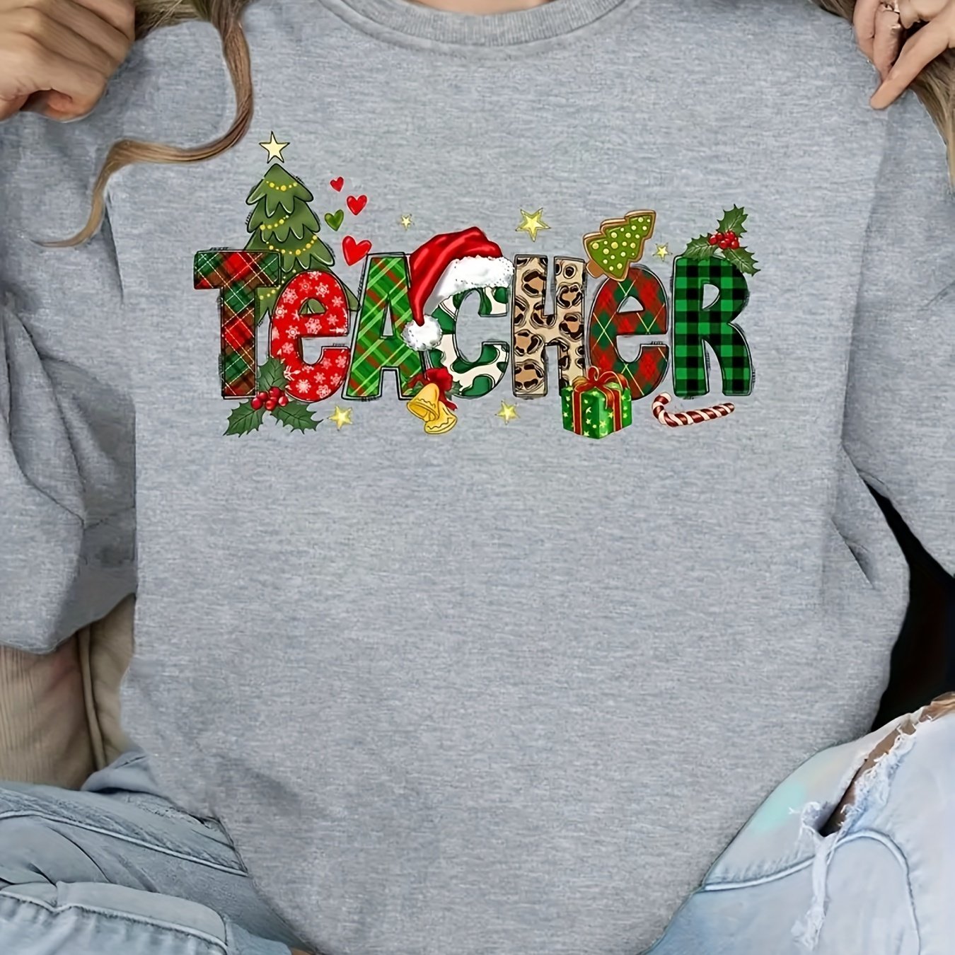 TEMU 1pc Women's Casual Christmas Teacher Sweatshirt, Polyester Round Neck Pullover With Cartoon Pattern, Knitted Fabric, For Autumn/winter