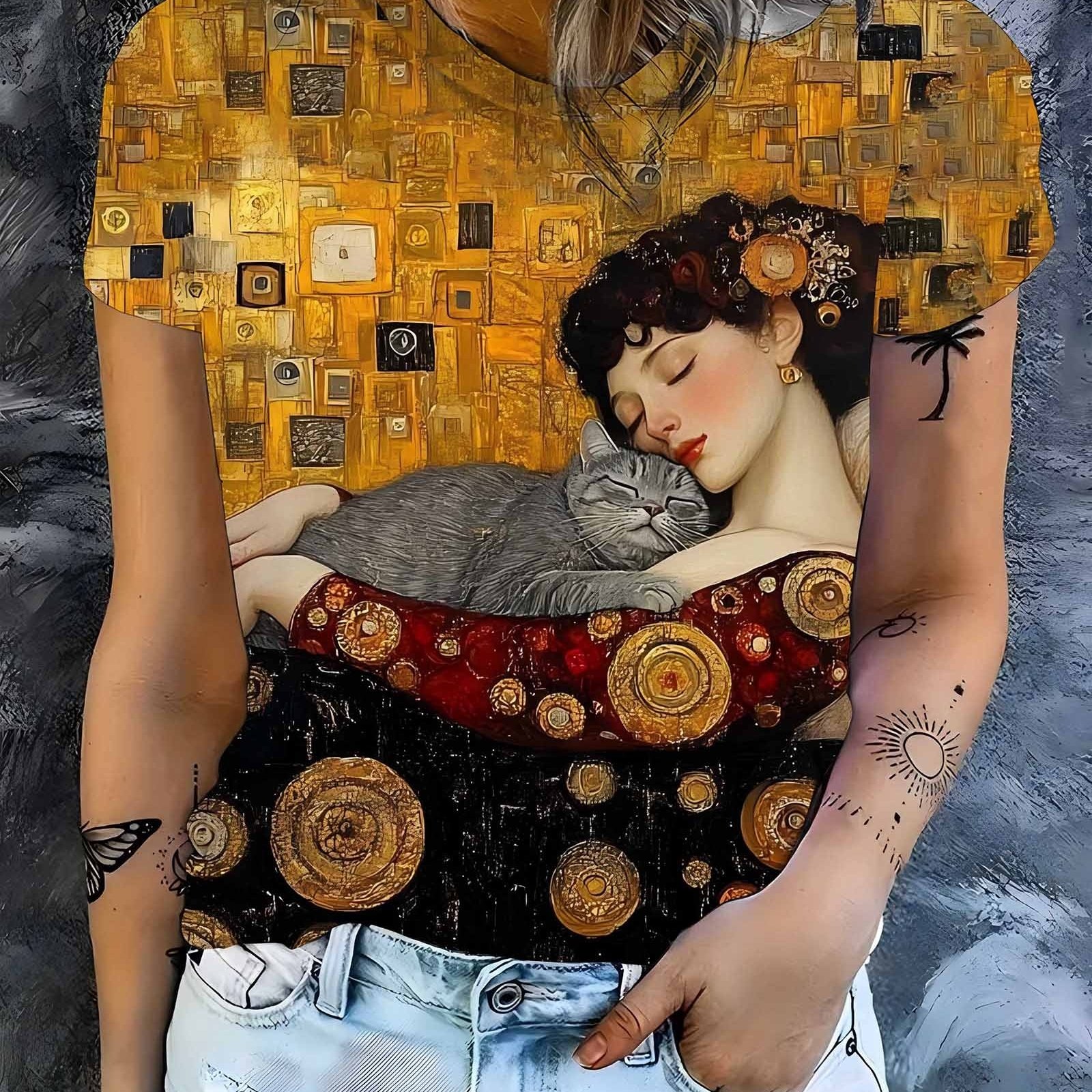 TEMU Elegant ! Golden Geometric Pattern Background Women's Cat-themed Short-sleeved Shirt, Women's Fashion Top, Women's Casual And Comfortable