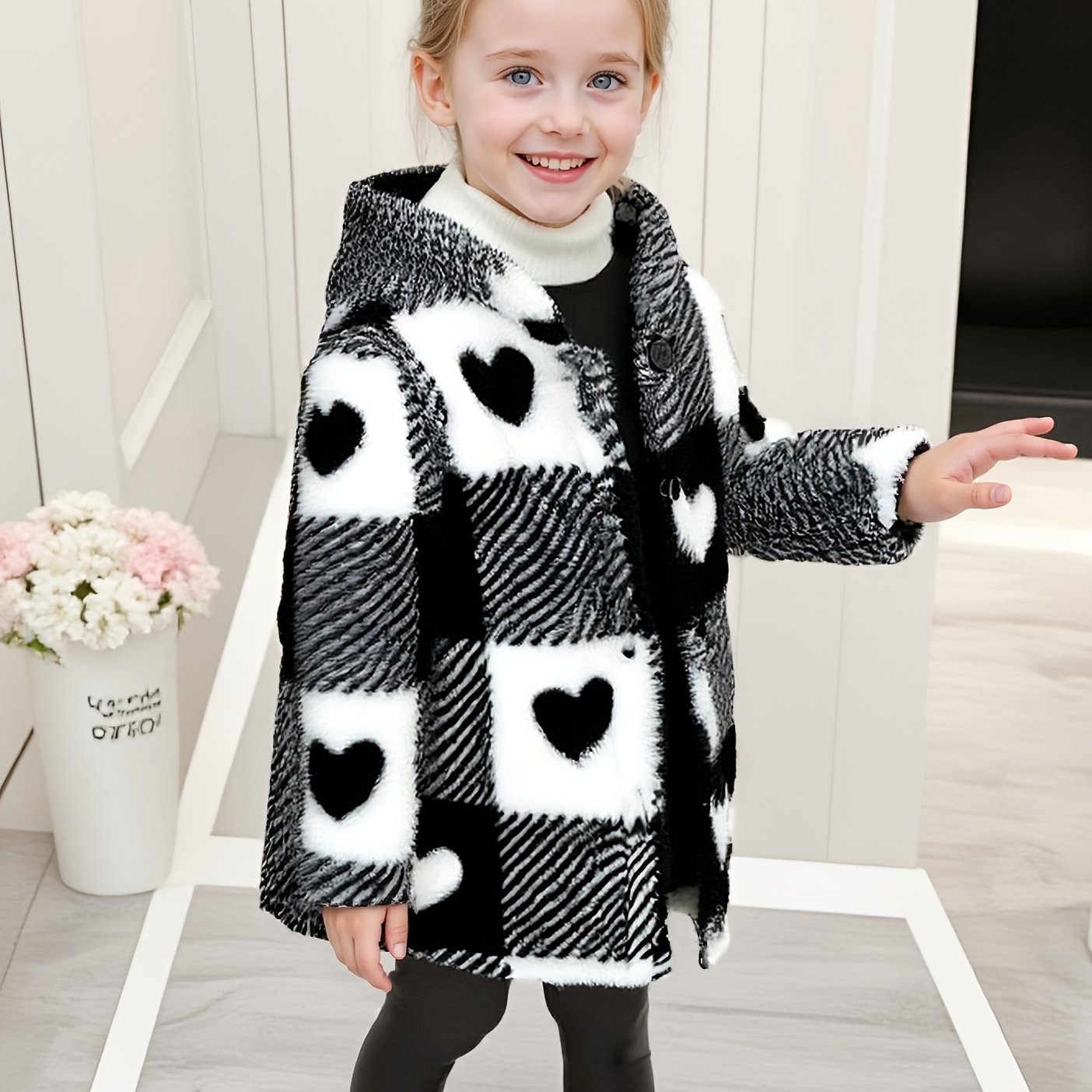 TEMU 1pc Girls' Heart Print -lined Button Jacket, Autumn Winter Warm Outerwear Casual Versatile Outerwear