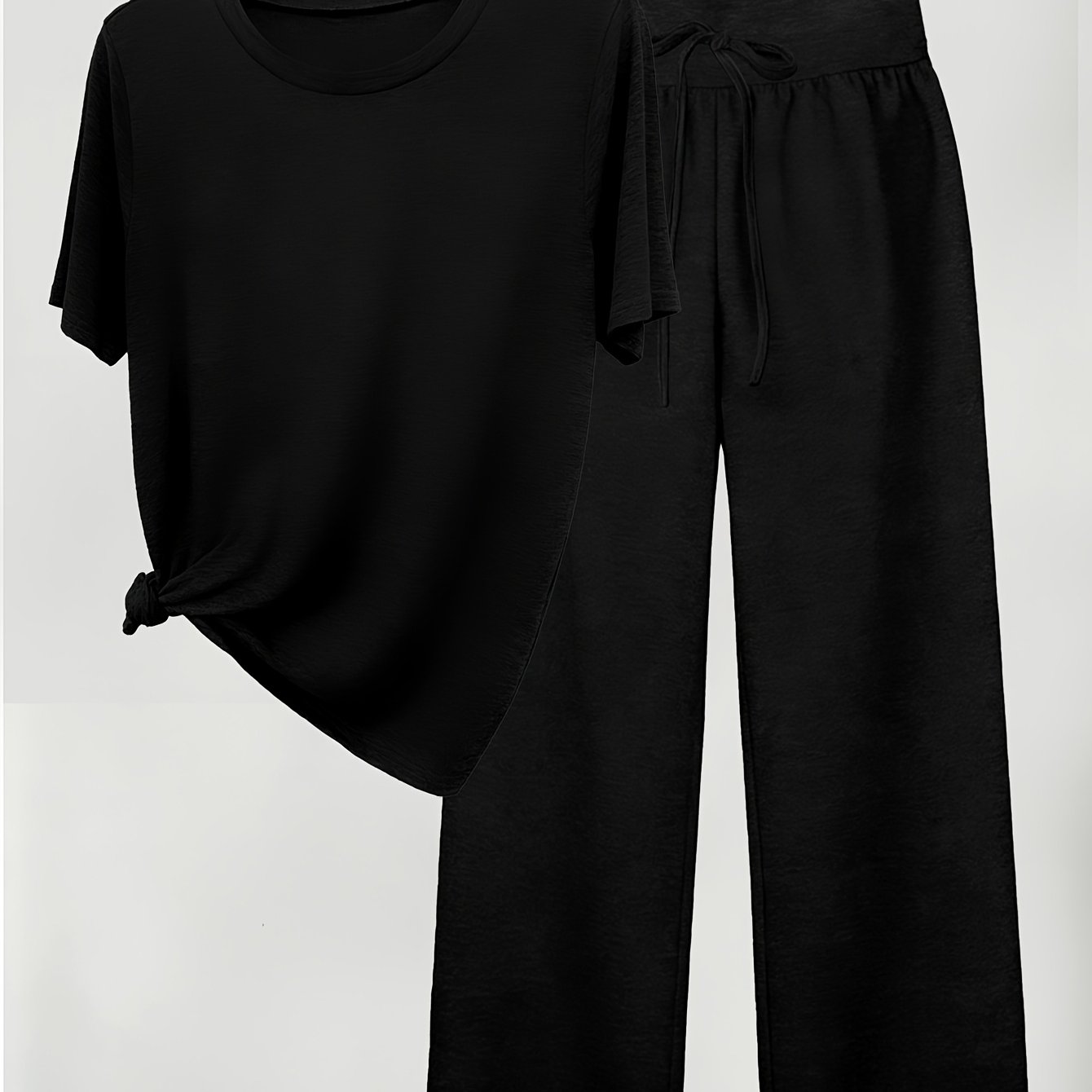 TEMU A Women's Short-sleeve T-shirt With A Round Neck With Long Pants, Featuring A And A . Made From Stretchy Fabric, The Long Pants Have An Elastic