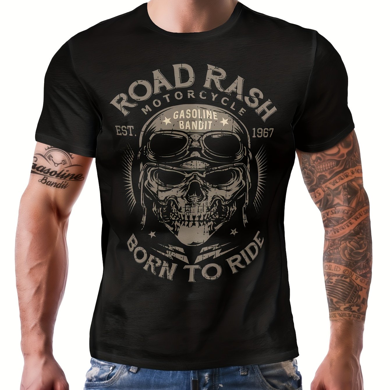Image of Men's Motorcycle Skull & Graphic T-shirt - 100% Cotton Casual Tee With Edgy Skull Print, Short Sleeve Round Neck Shirt For Motorcycle Riding & Casual Attire