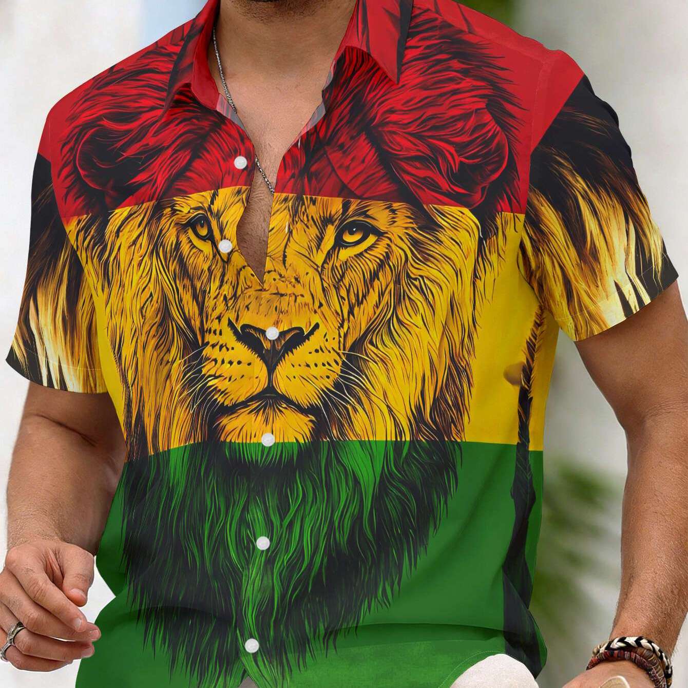 TEMU Men's Casual Short Sleeve Shirt, Lion With Red Tricolor, Mane And Color Block Fusion Pattern, Machine Washable , Fashion Button-up Shirt