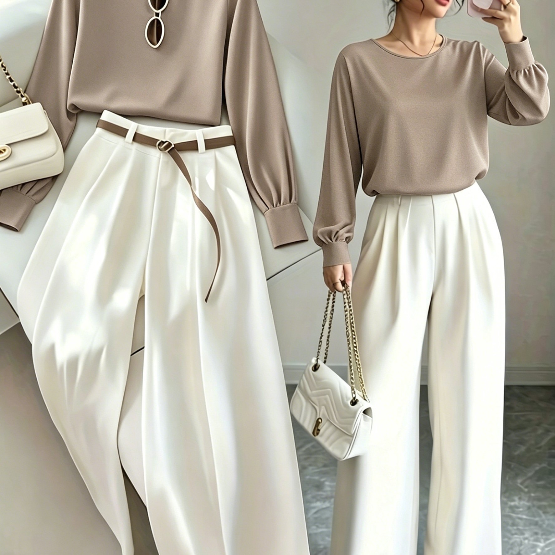 E-shop Neues elegantes Freizeit-Langarmshirt für Damen + Hose mit geradem Bein, Gürtel nicht enthalten [Cherry Bean]