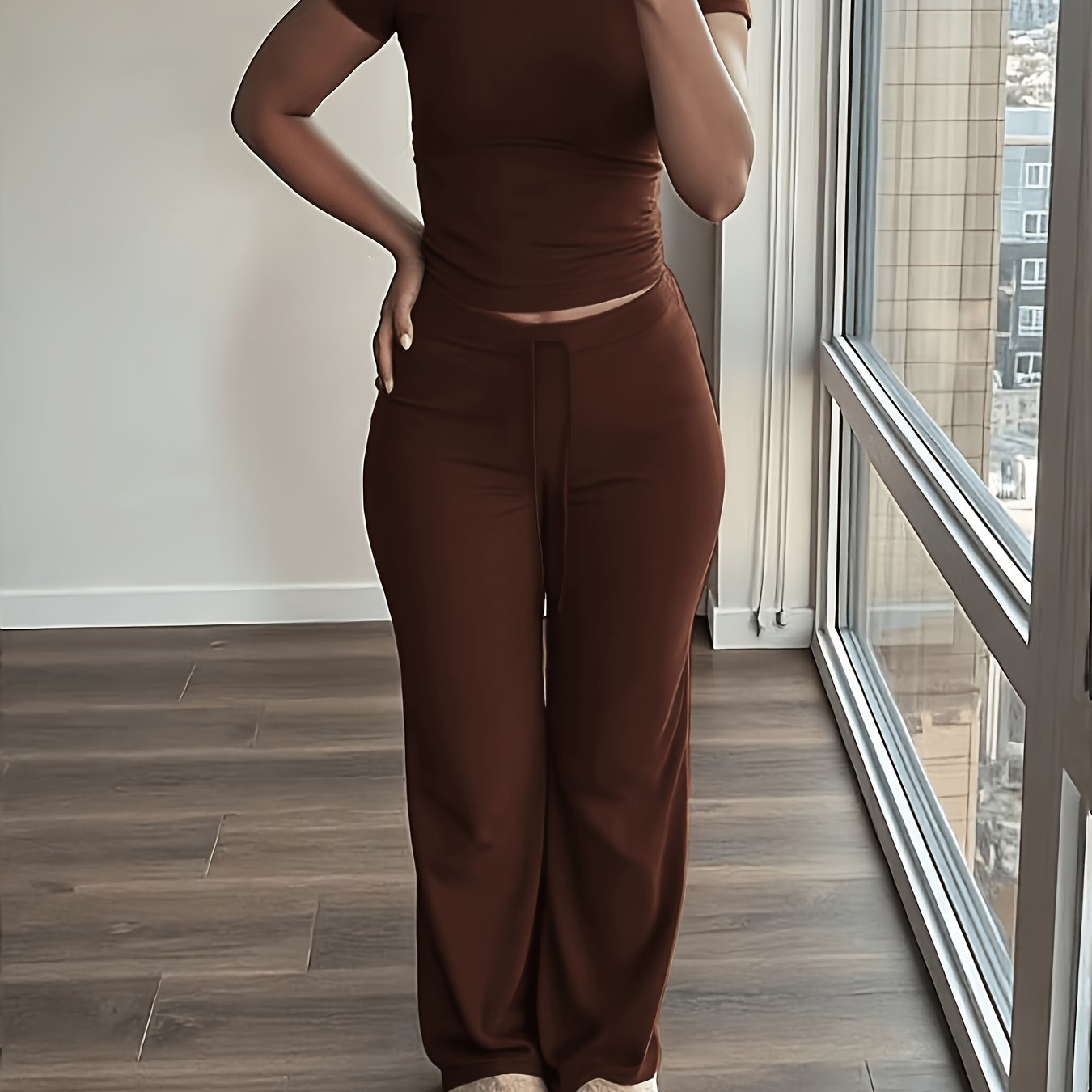 TEMU Women's 2pcss Set - Short Sleeve Top And Wide Leg Pants, Drawstring Waist, Casual Outfit, Comfortable Loungewear, Casual Wear | | Short Sleeve