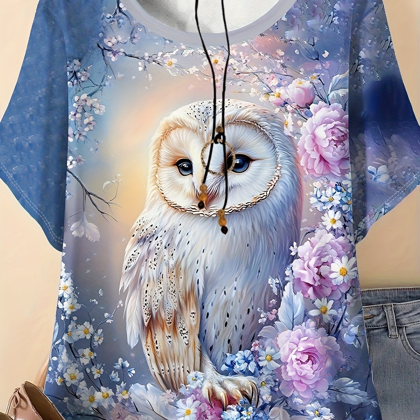 TEMU Plus Size - Plus Size - Women's Owl Floral Print T-shirt - Casual Round Neck Short Sleeve, Made From A Blend Of And For Stretch, Featuring