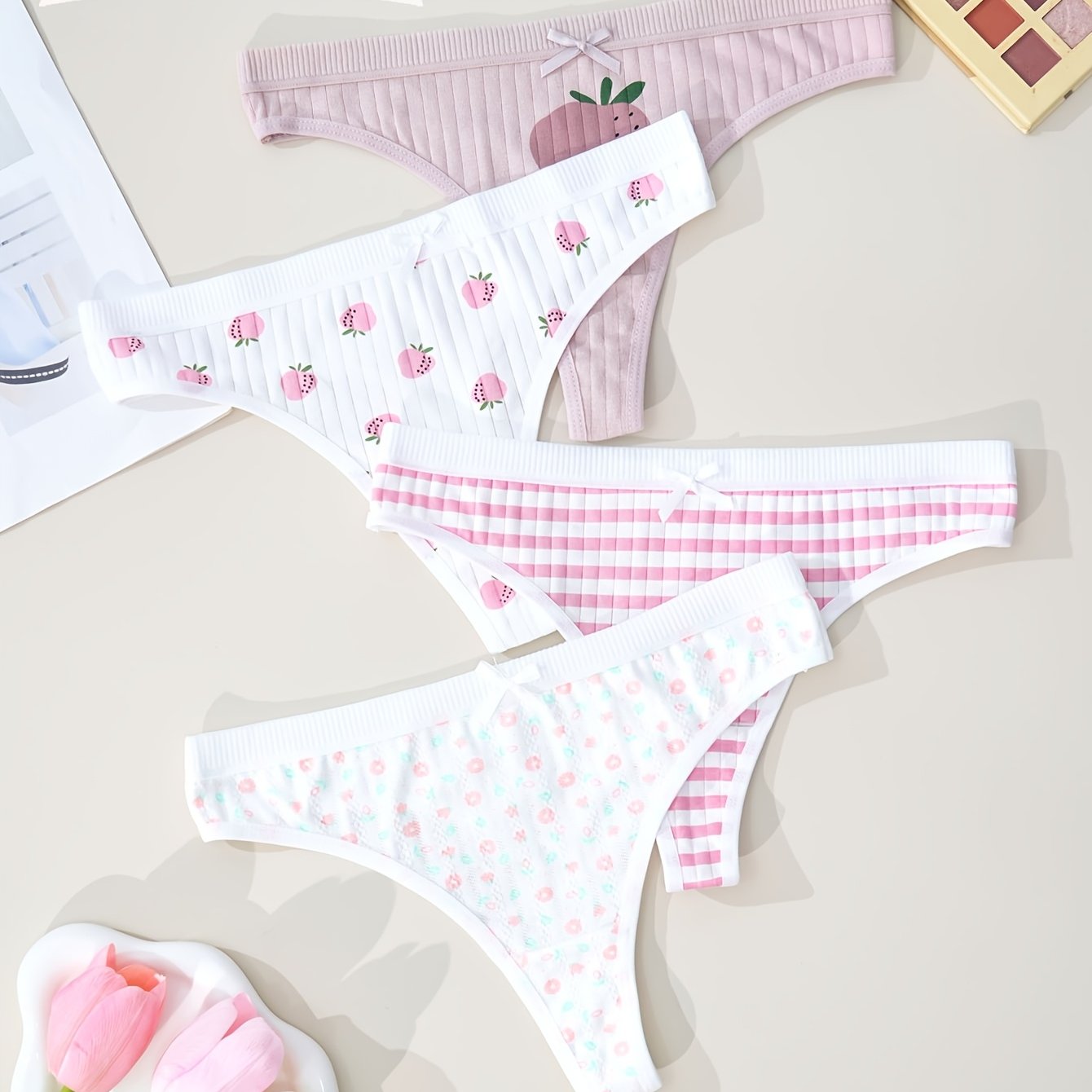 4-pack Cute Printed Thongs For Women, Soft Breathable V-strings With Bow Detail, Knit Fabric Underwear, 95% 5% Elastane