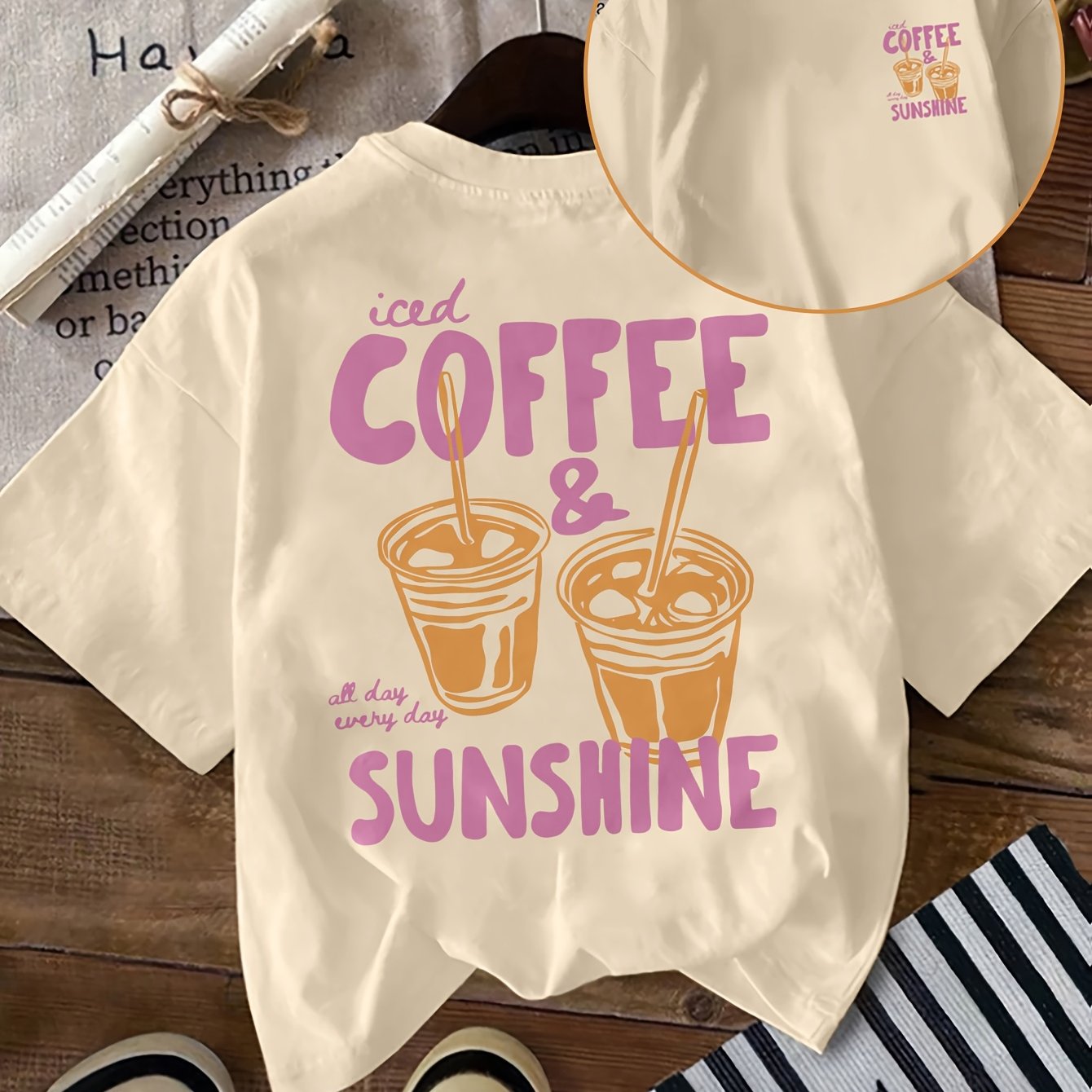 Women's Casual Short-sleeve T-shirt - Iced Coffee And Sunshine Letter Print, A Perfect Gift For . Regular Neck Top, Suitable For . (women's Clothing)