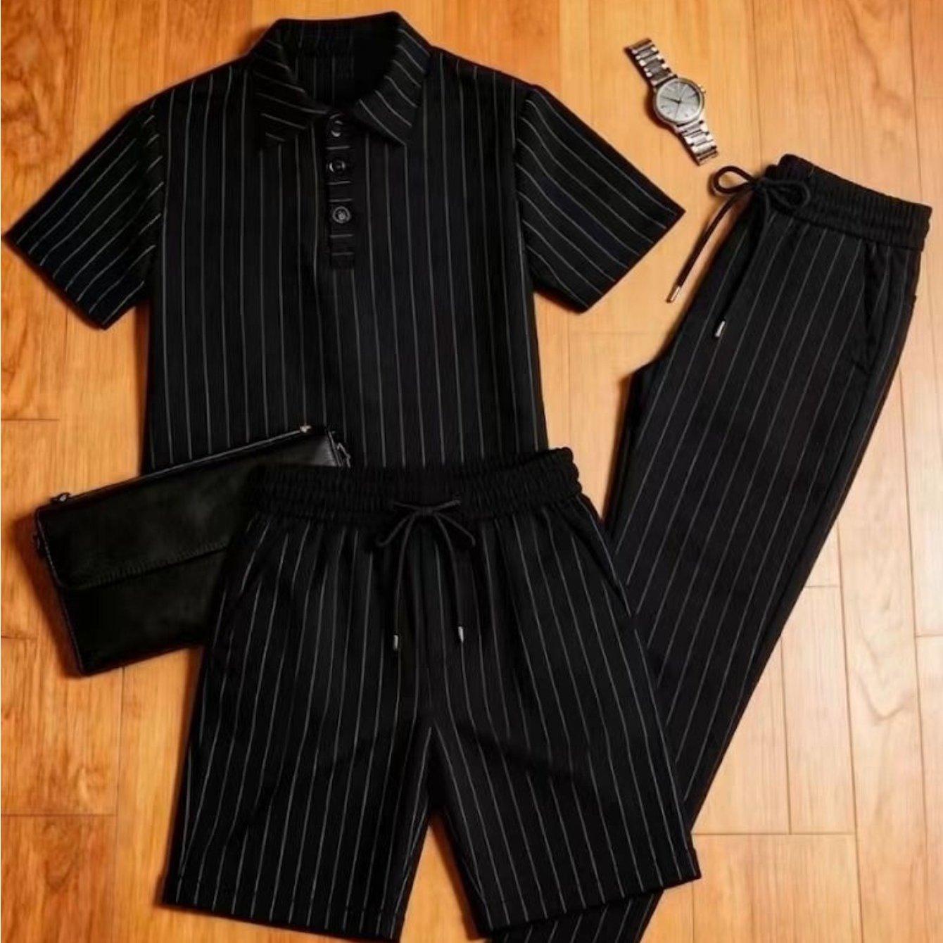 TEMU Completo sportivo casual da in tre pezzi - Stampa 3D, design con bottoni, polo a maniche corte, pantaloncini e pantaloni, realizzato in tessuti
