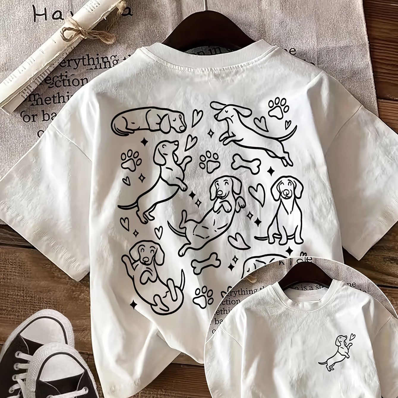 TEMU Summer Casual Women's Clothing Top With Front And Back Double-sided Printing, , Dachshund And Heart Pattern Round Neck Pure Allover Short Sleeve