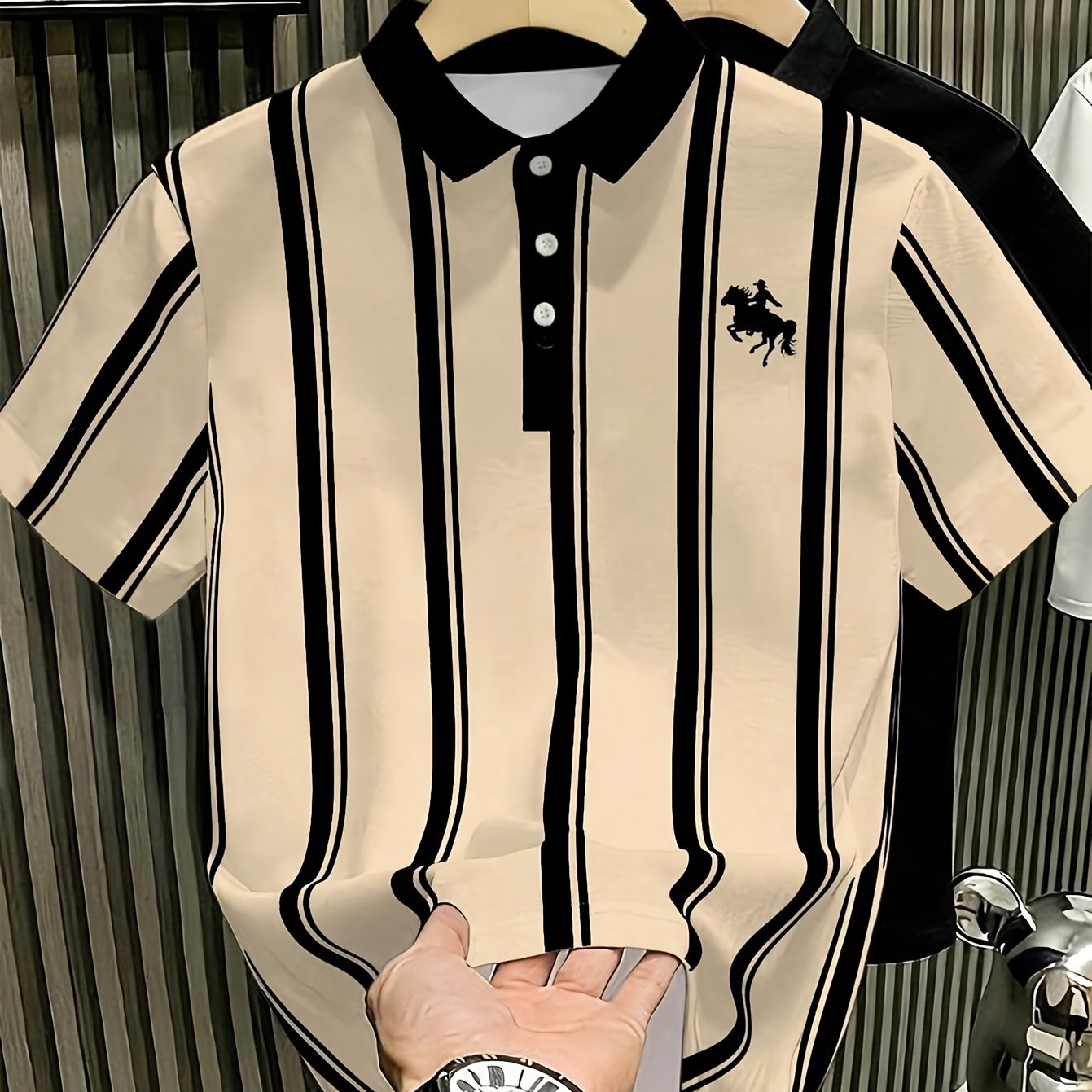 TEMU Men's Apricot Striped Equestrian Pattern Shirt, Formal Style