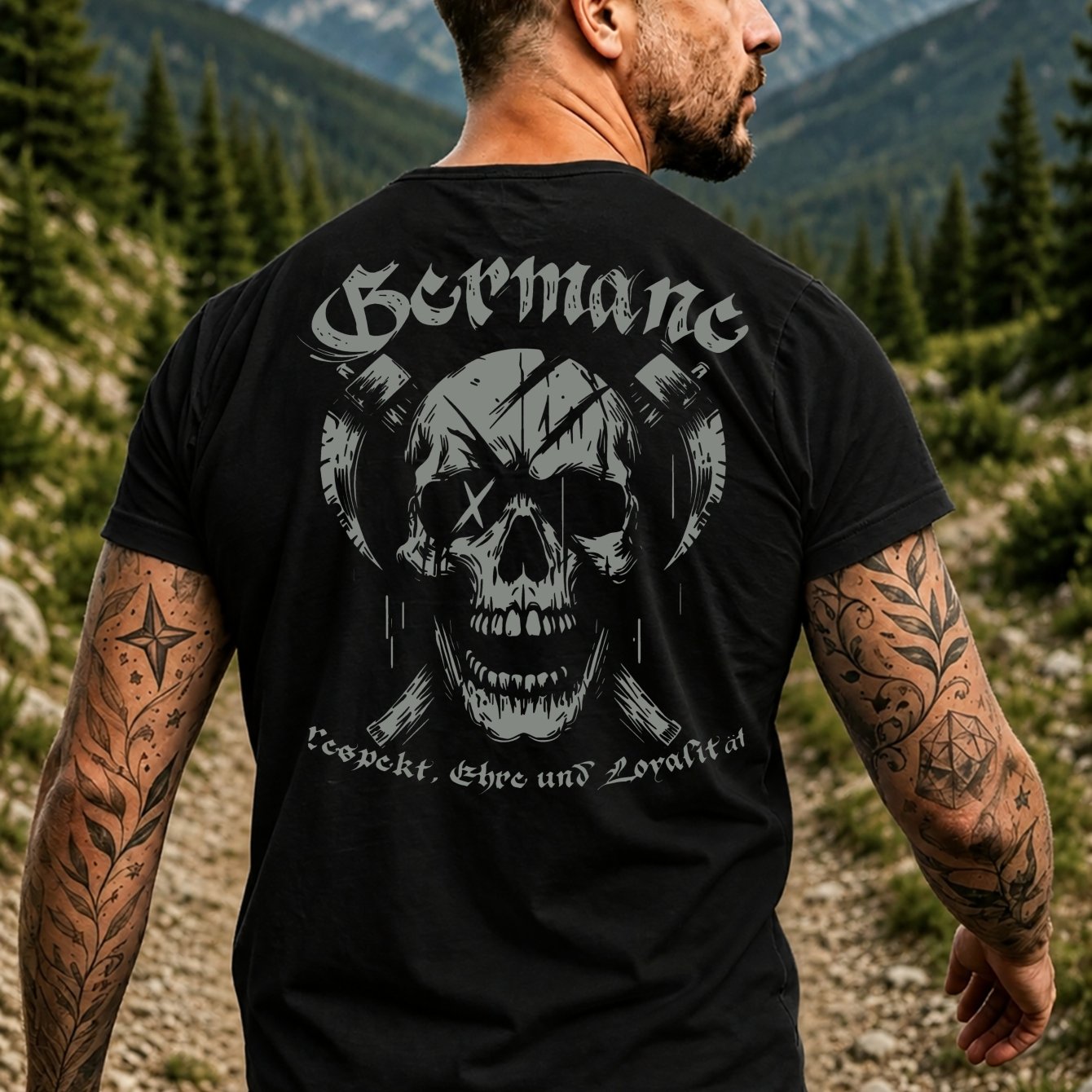 Image of German Ehre Loyalitat Graphic T-shirt Dark Skull With And Gothic Lettering Casual Crew Neck Short Sve Men's T-shirt Back Print