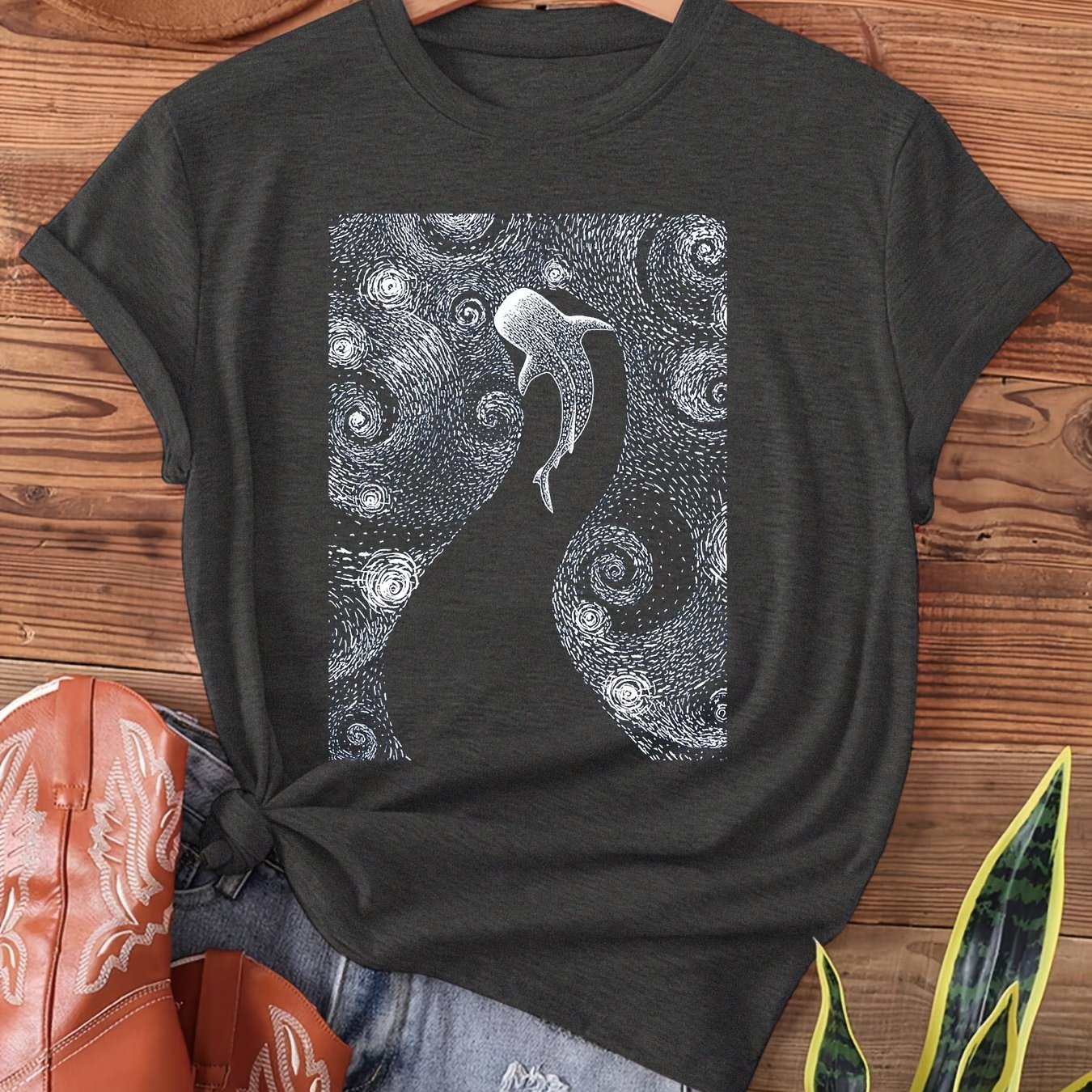 TEMU Vanstar Hollow Shark, Diving With Whale Sharks Print T-shirt, Short Sleeve Crew Neck Casual Top For Summer & Spring, Women's Clothing