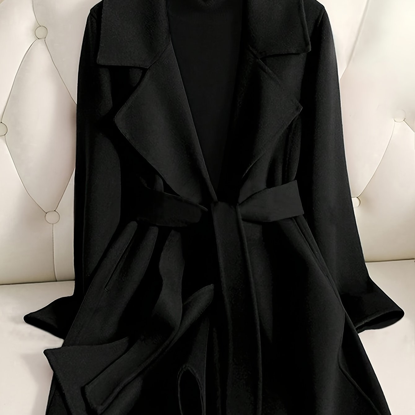 Women's Elegant Casual Warm Turn- Collar Long Sleeve Belted Midi Coat