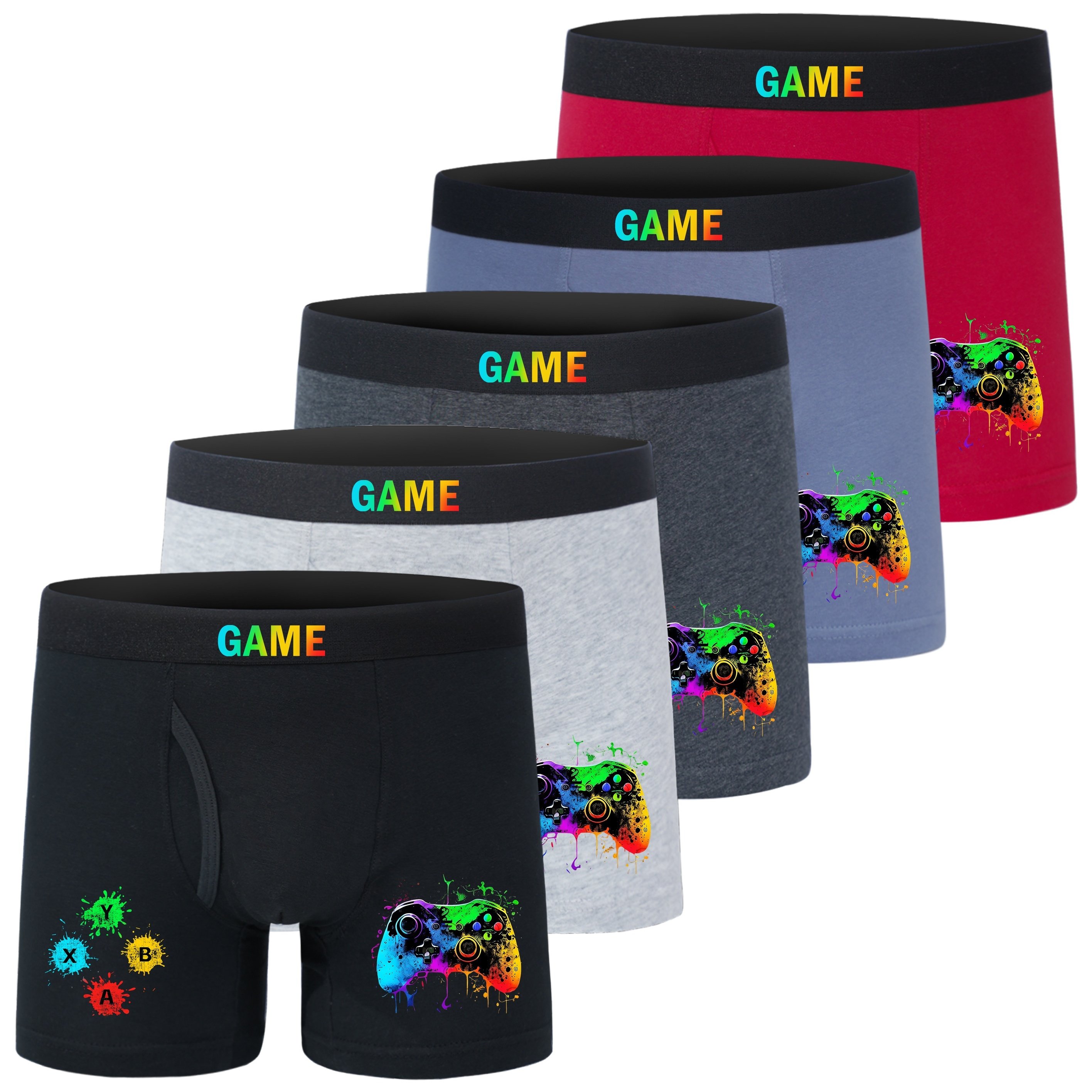 Game Controller Print 5pcs Comfortable Breathable 95% Cotton Boxer Briefs For Boys, Controller Print Pattern, Teen Boys' Mid-rise Sports Underwear