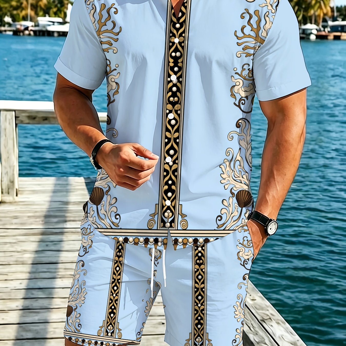 TEMU Light Blue Short-sleeve Shirt And Pants Set For Men, Made From Lightweight And Durable Polyester, Ideal For Beach, Resort, Or Casual , Featuring