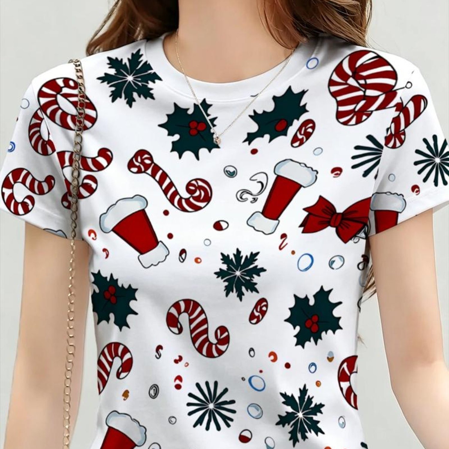 TEMU Women's Short-sleeve T-shirt Suitable For Christmas Parties & Winter Outfits - Snowflake Print -compatible For Urban Style, Machine Washable