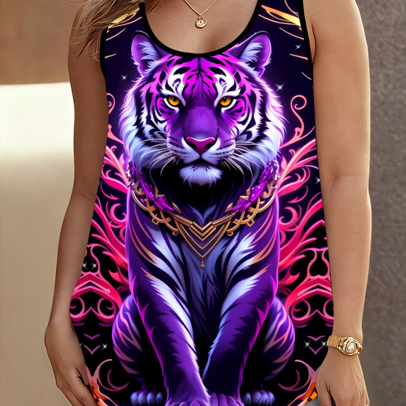 TEMU Women's Plus Size Round Neck Vest, Purple Floral Border Print Sleeveless Vest, Plus Size Loose Body- Individual -friendly Breathable Vacation