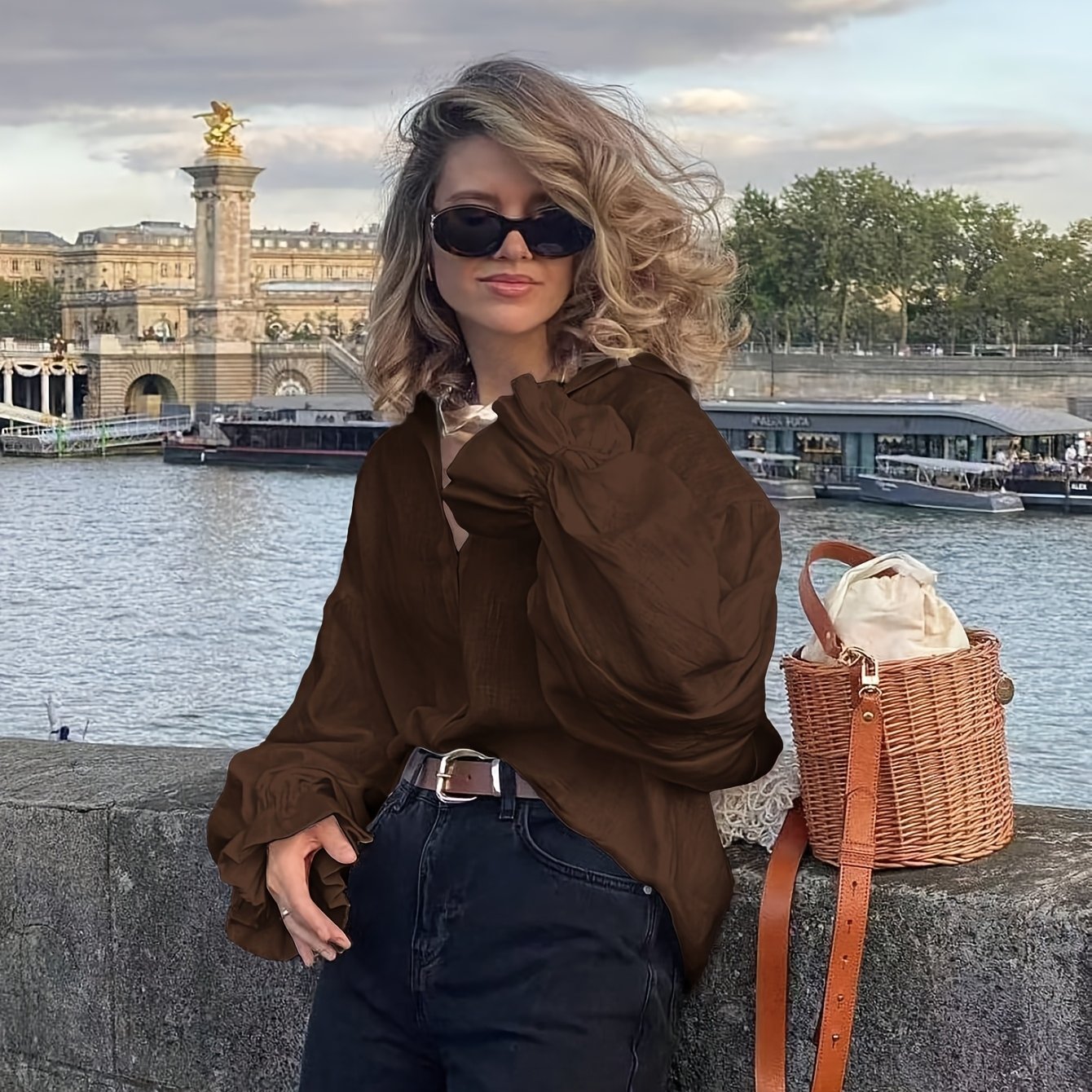 TEMU Women's Lapel Shirt, Loose Puff Sleeve Blouse, Casual Long Sleeve Top, French Women's Shirt