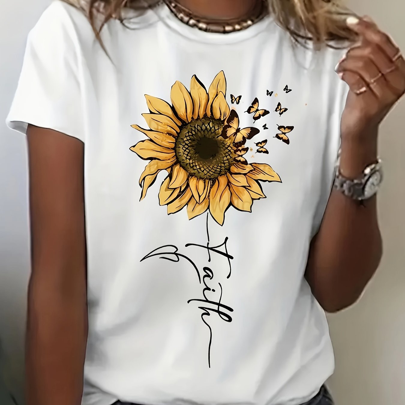 TEMU [ Touch] Women' And Graphic T-shirt - Casual Gray Short Sleeve Top, Lightweight & Breathable Polyester Blend, Fashion, Sunflower Shirt