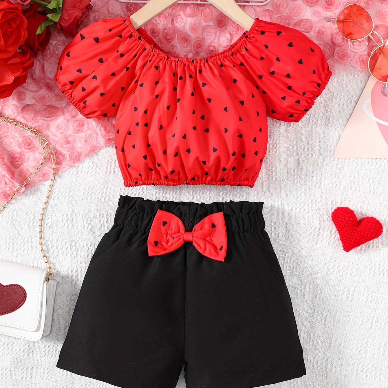 Image of Fashion Girls' Outfit Square Neck Short Sleeve Print Top And Black Shorts 4- Baby Girls Toddler Holiday 2pcs Set, For Outdoor